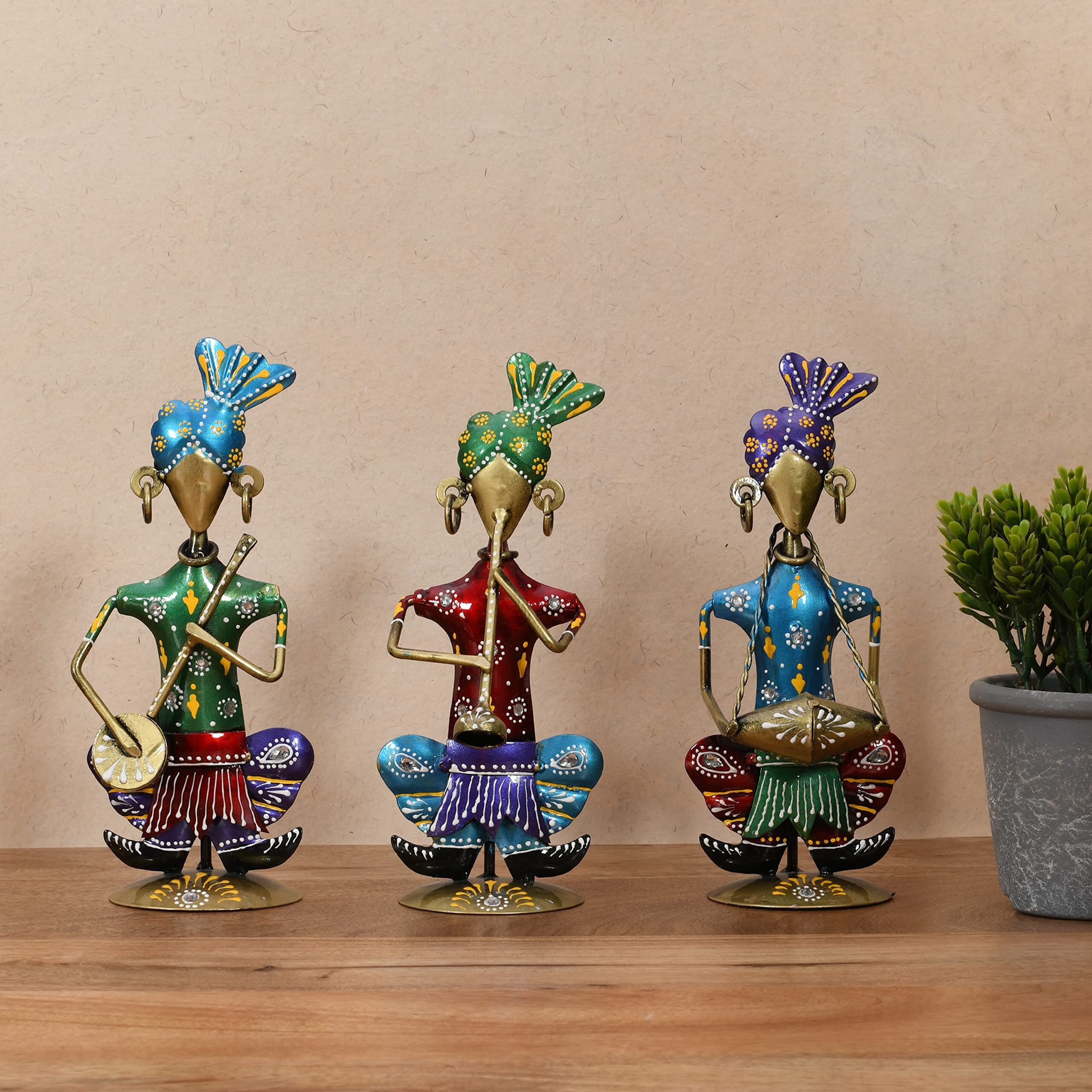 Lamcy Plaza Rajasthani Metal Musician Playing Instrument Home Decor Multicolor Showpiece | Office | Bedroom | Gifting | Table Top Decor | Each Size L3.5 X W3 X H8.5 Inch | Set of 3