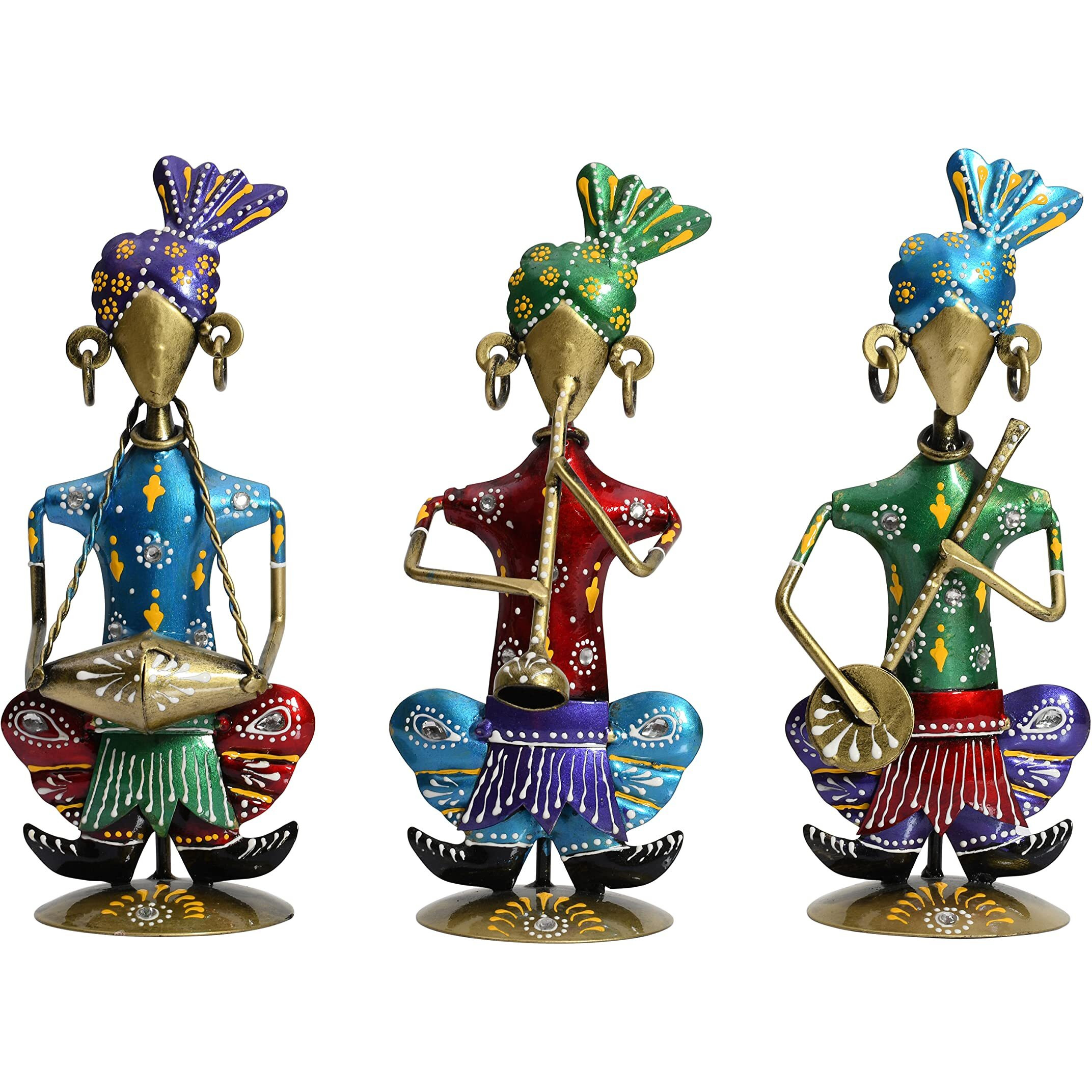 Lamcy Plaza Rajasthani Metal Musician Playing Instrument Home Decor Multicolor Showpiece | Office | Bedroom | Gifting | Table Top Decor | Each Size L3.5 X W3 X H8.5 Inch | Set of 3