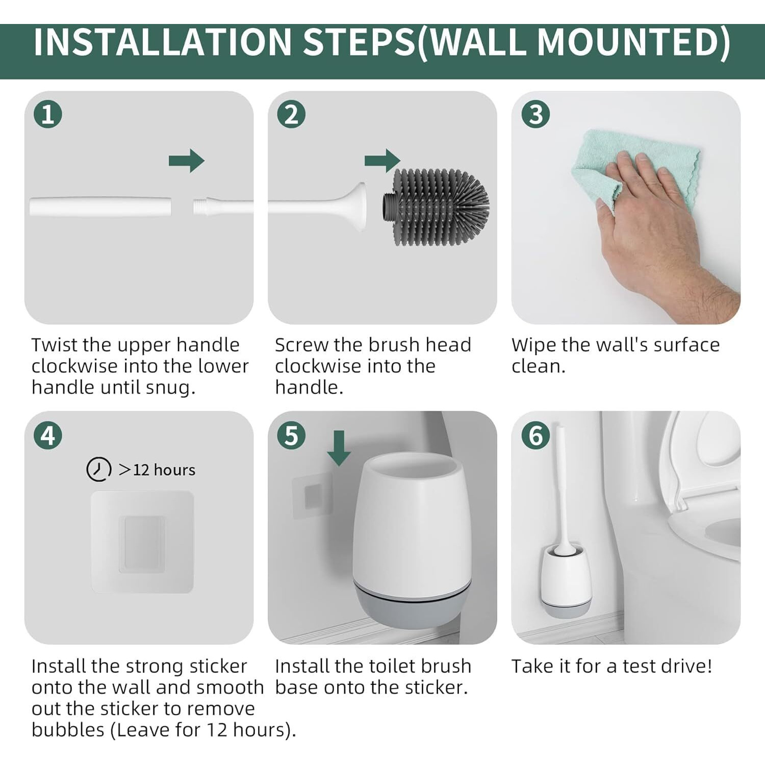 Toilet Brush with Ventilated Drying Holder, Silicone Toilet Bowl Brush Bathroom Cleaning Bowl Brush Kit Sturdy Cleaning Toilet Brush, Floor Standing & Wall Mounted Without Drilling