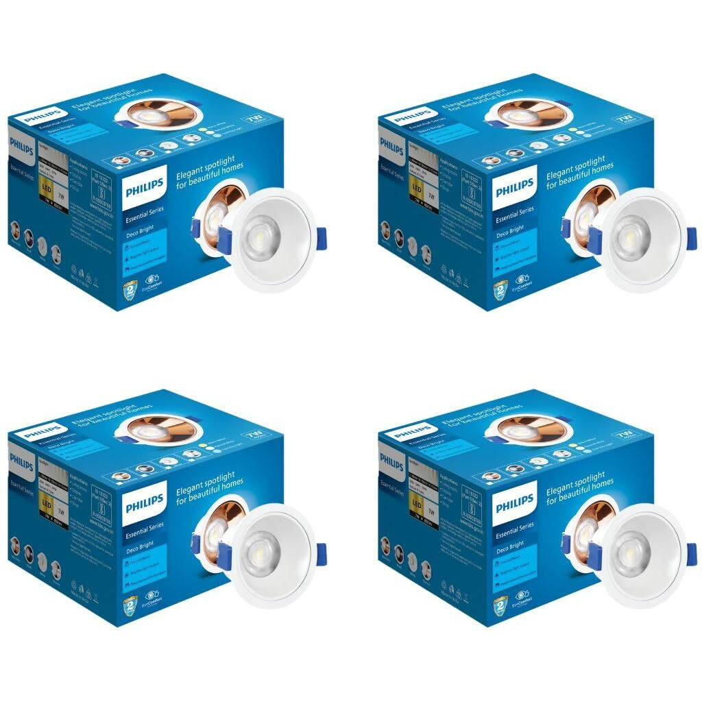PHILIPS 7 Watt White Reflector LED Ceiling COB Round Spot Light with Focused Beam | Cut out 75mm | Cool Day Light, Pack of 4 (Deco Bright)