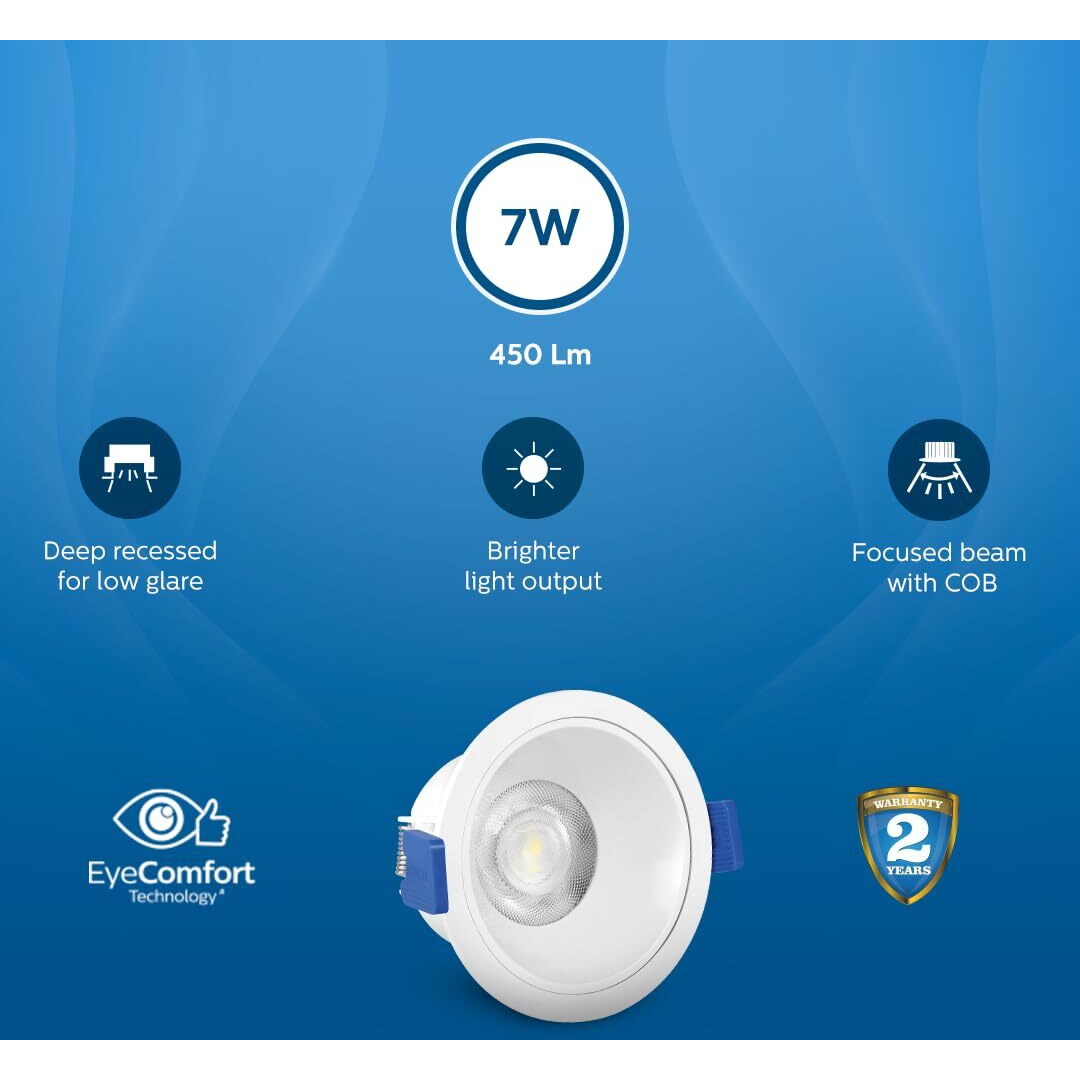 PHILIPS 7 Watt White Reflector LED Ceiling COB Round Spot Light with Focused Beam | Cut out 75mm | Cool Day Light, Pack of 4 (Deco Bright)