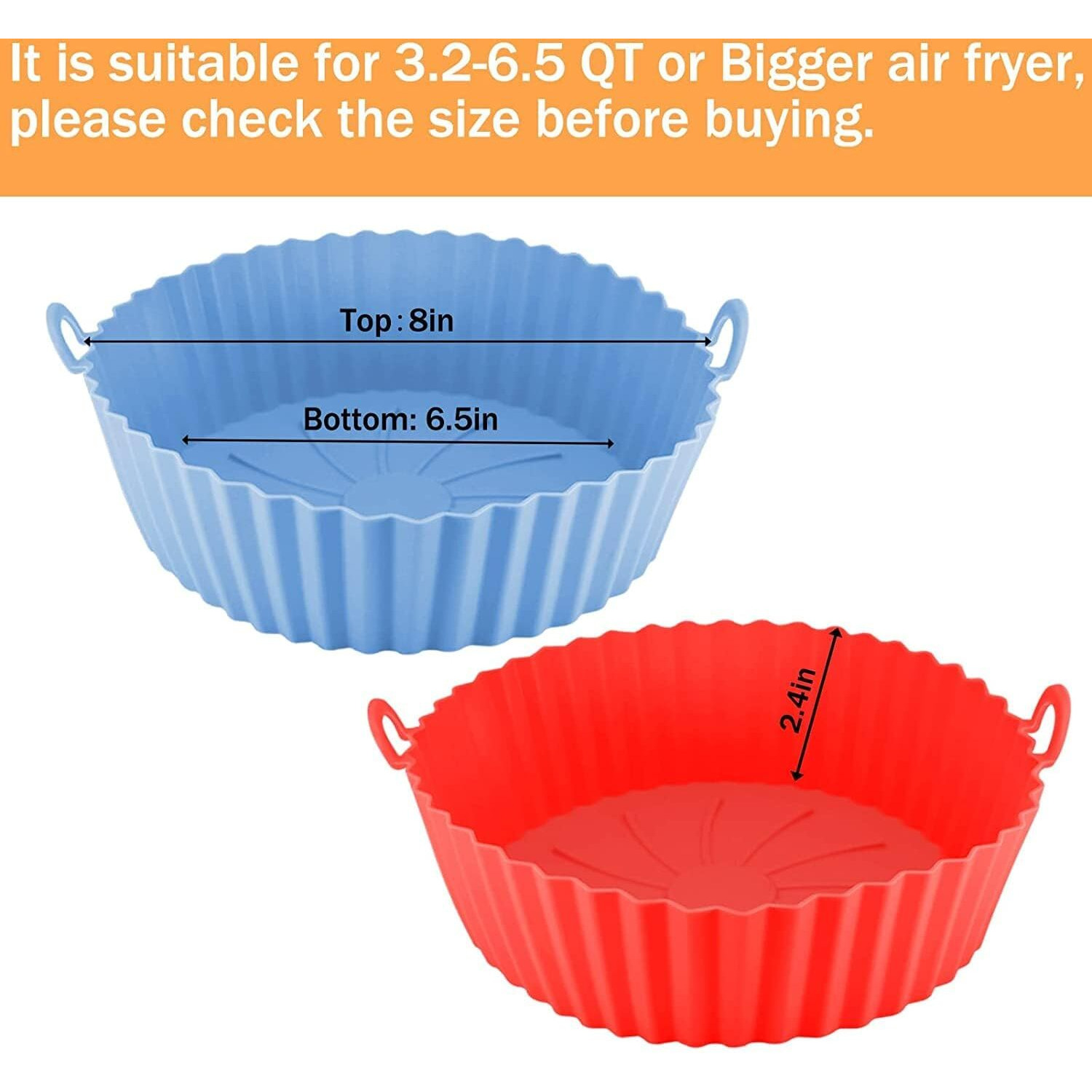 RUCON Air Fryer Liners I Round Silicone Basket Baking Tray I Pot with Ear Handles I Nonstick Reusable Heat Resistant I Cooking Oven Insert Accessories - Multicolor (8 inch, Pack of 1)