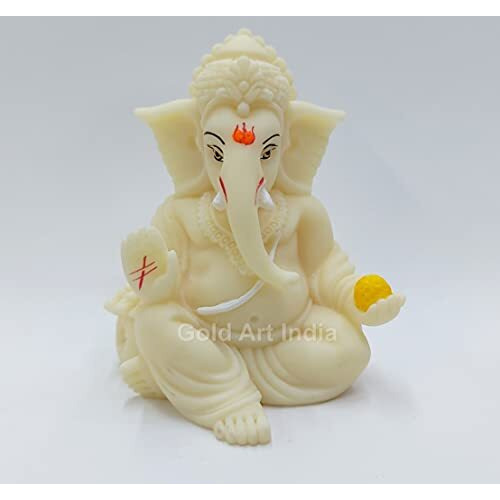 Gold Art India Ivory Finish Gaddi Ganesh Idol for Car Dashboard Small Ganesha Murti Ganpati Idol for Home Decor Puja Lord Ganesh Statue Gift for Office Desk Puja Room Figurine