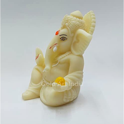 Gold Art India Ivory Finish Gaddi Ganesh Idol for Car Dashboard Small Ganesha Murti Ganpati Idol for Home Decor Puja Lord Ganesh Statue Gift for Office Desk Puja Room Figurine