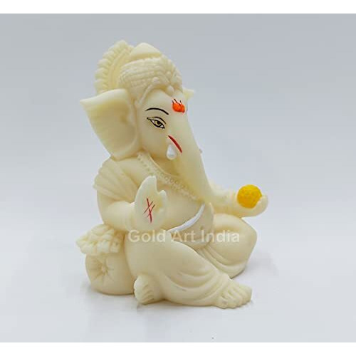 Gold Art India Ivory Finish Gaddi Ganesh Idol for Car Dashboard Small Ganesha Murti Ganpati Idol for Home Decor Puja Lord Ganesh Statue Gift for Office Desk Puja Room Figurine