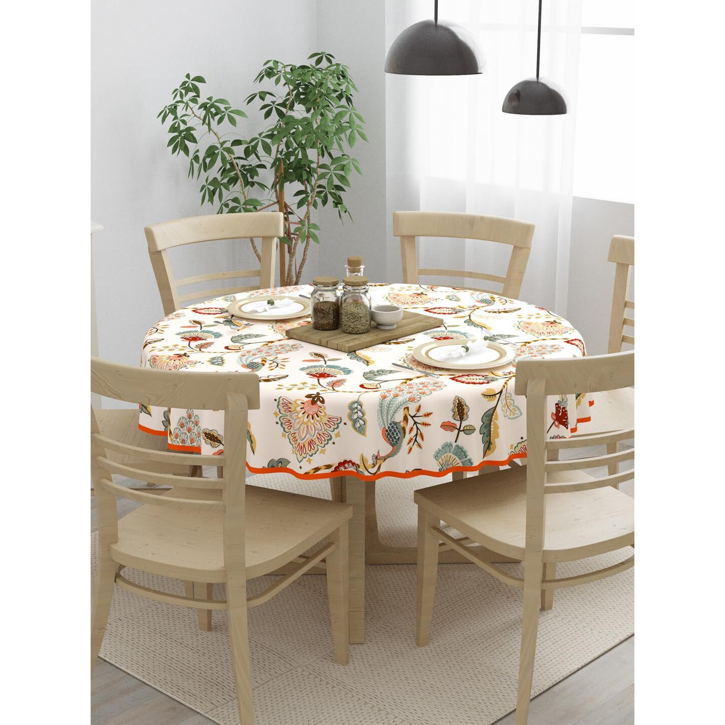 Clasiko 100% Cotton 6 Seater Round Table Cover 72x72 Inches Multicolor Peacock