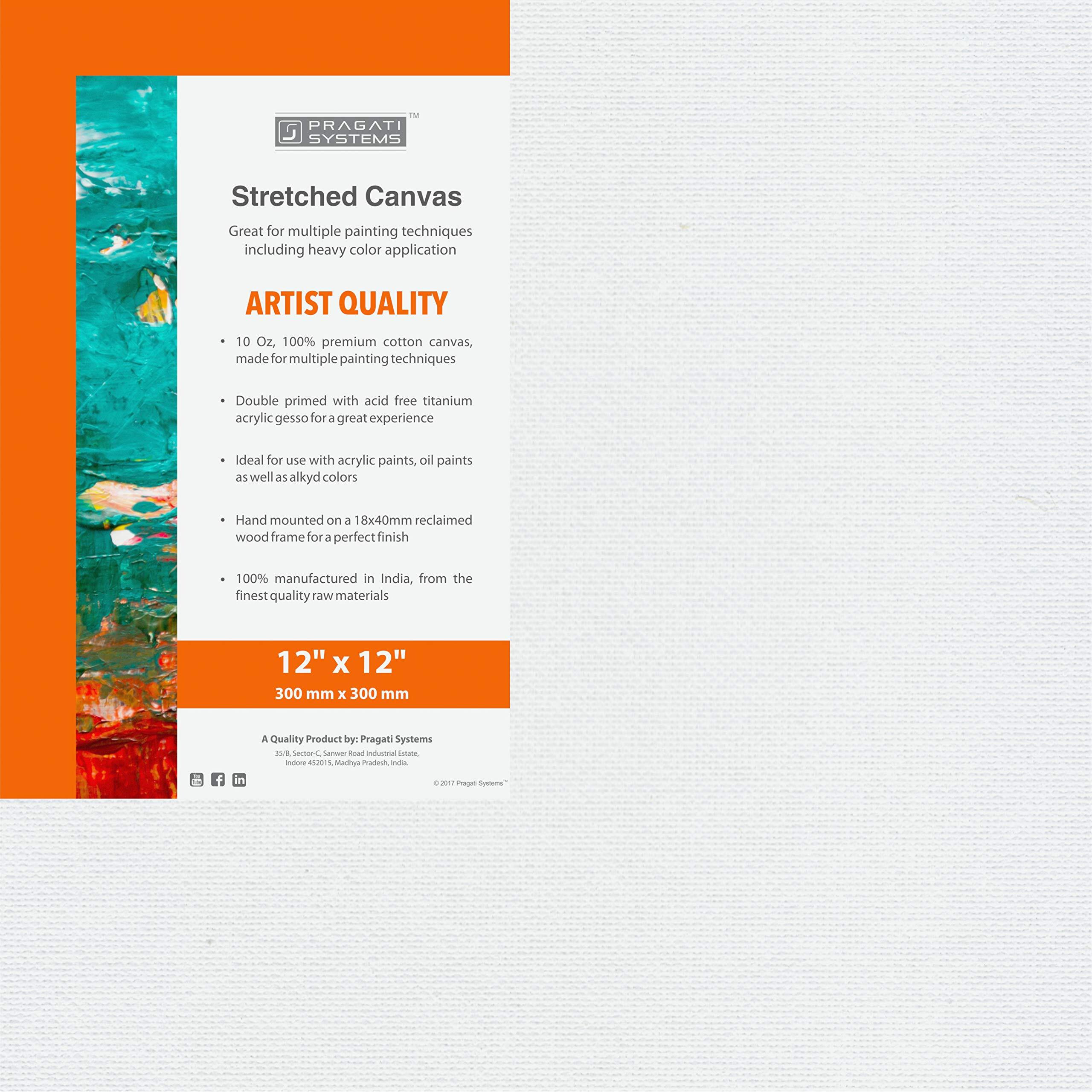 Pragati Systems Medium Grain 12x12 Inch 10 Oz. Primed Cotton Pre Stretched Canvas with Wooden Frame for Painting ACS1212, White (Pack of 4)