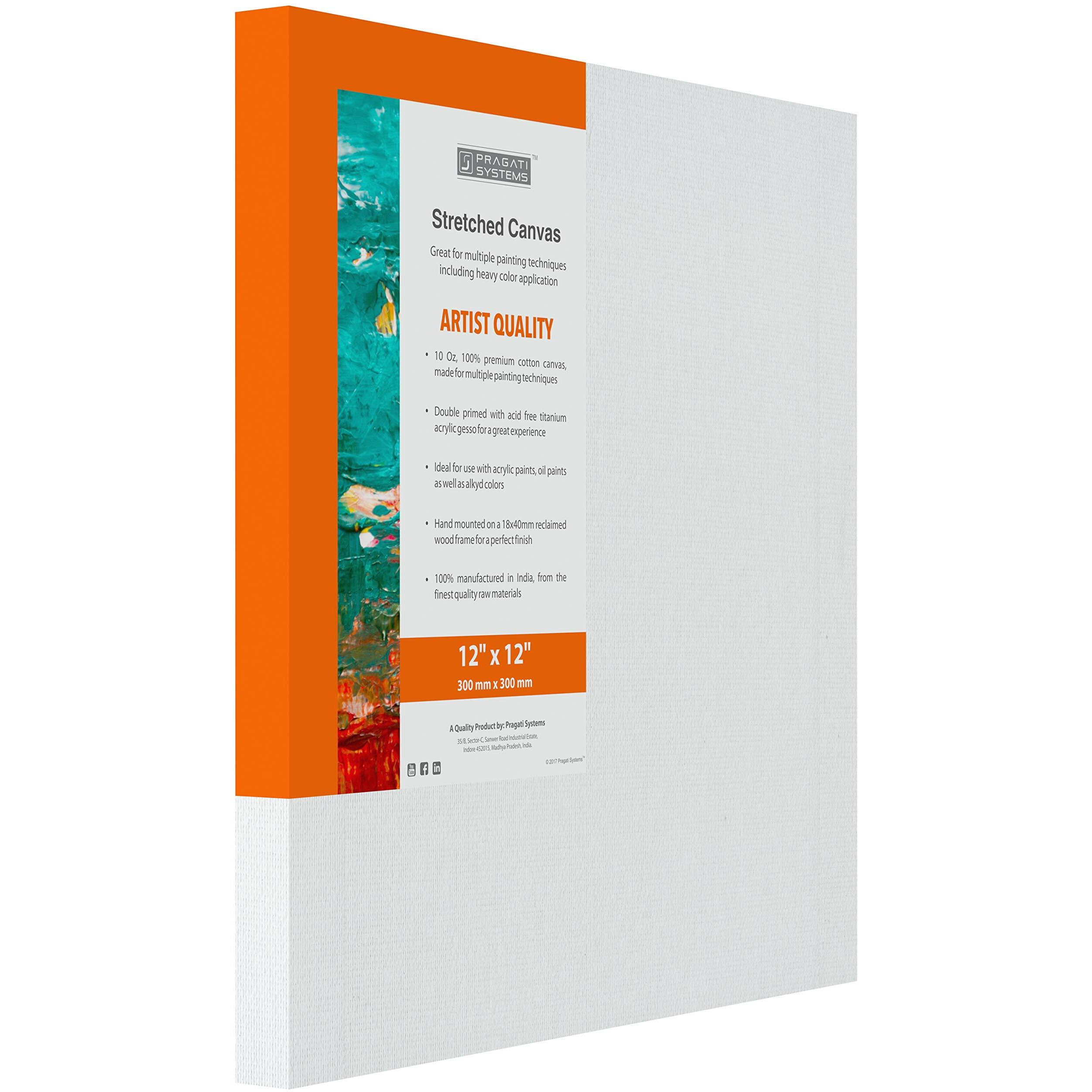 Pragati Systems Medium Grain 12x12 Inch 10 Oz. Primed Cotton Pre Stretched Canvas with Wooden Frame for Painting ACS1212, White (Pack of 4)