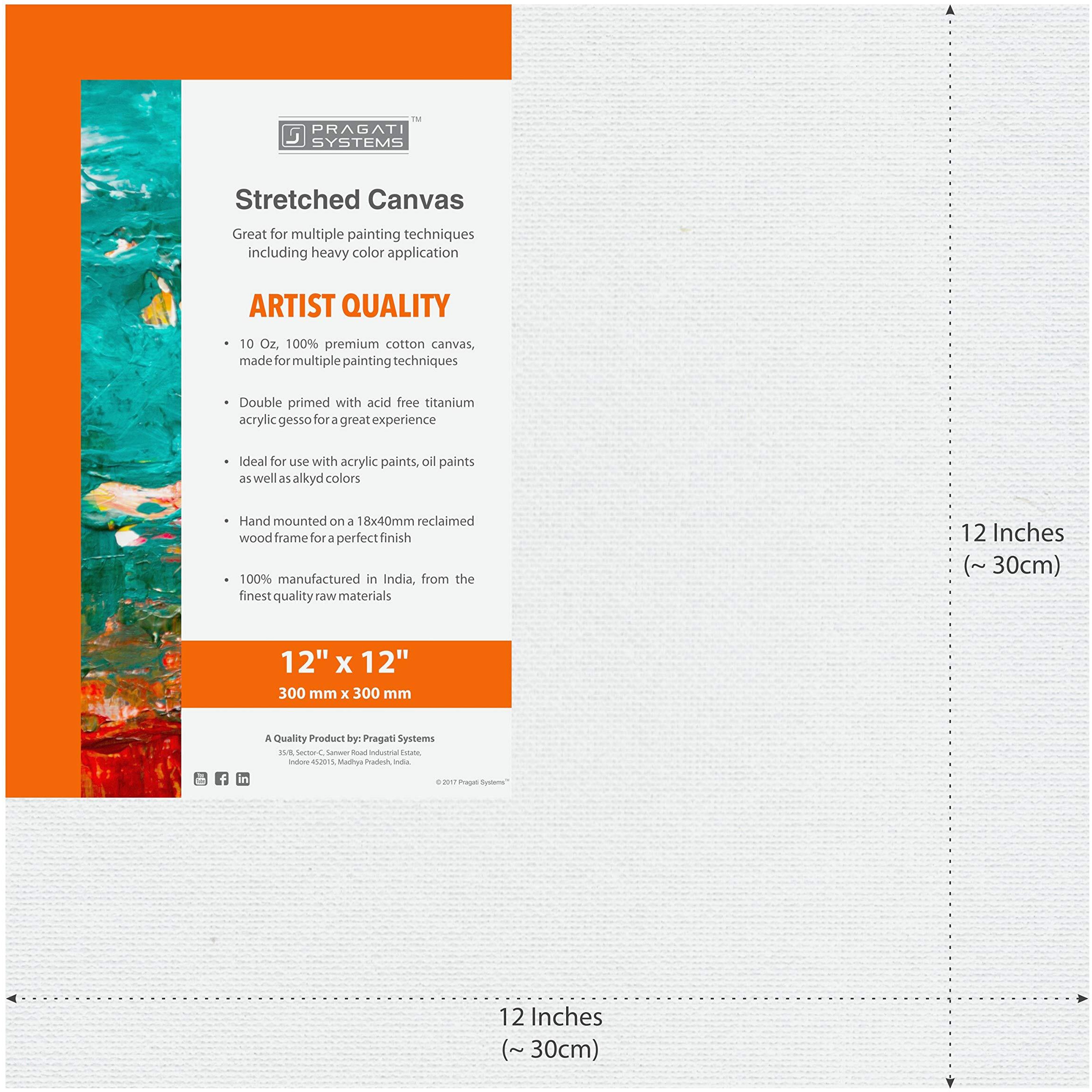 Pragati Systems Medium Grain 12x12 Inch 10 Oz. Primed Cotton Pre Stretched Canvas with Wooden Frame for Painting ACS1212, White (Pack of 4)
