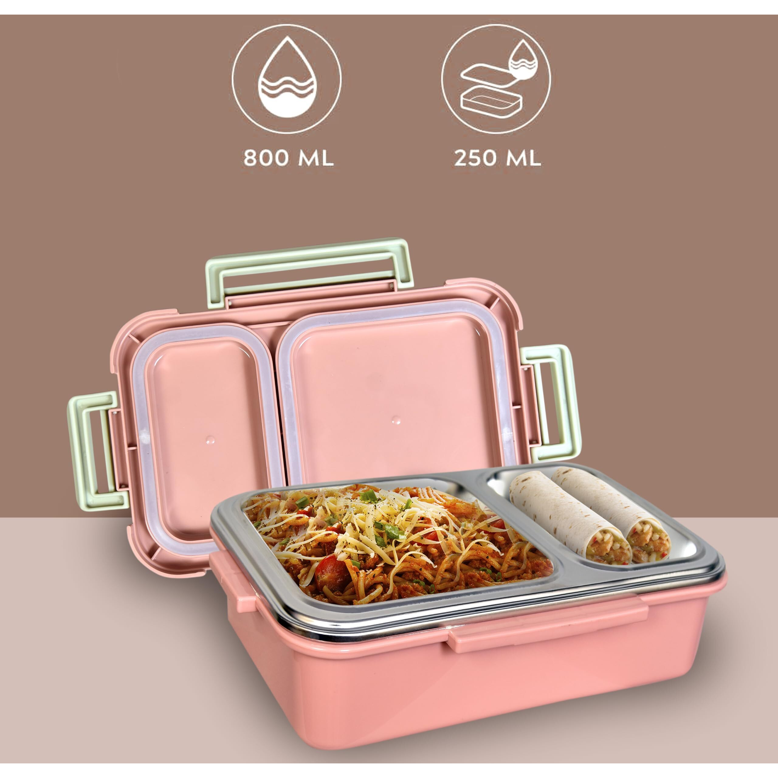 TEC TAVAKKAL 2 Compartment Lunch Box, 700ml | 2 Units Insulated Lunch Boxes |Stainless Steel Lunch Box for Kids | Leak-Proof Snacks Tiffin Box for School (Pink)