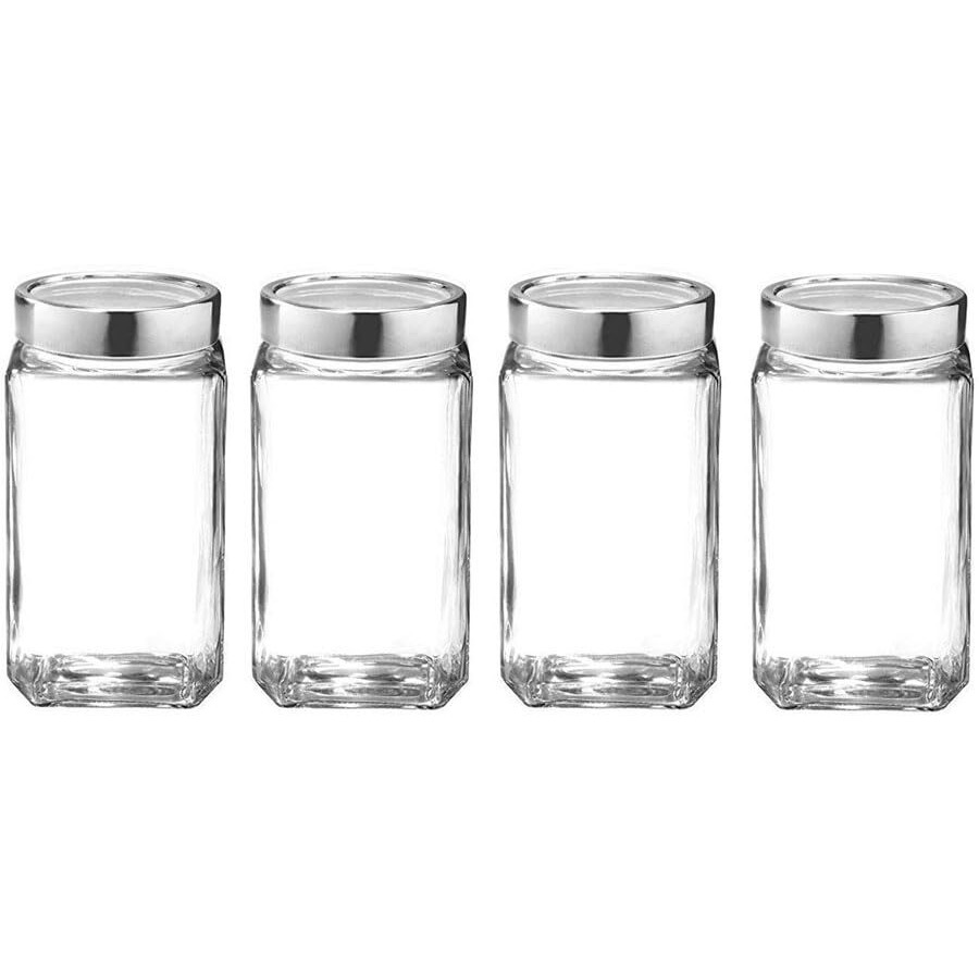 Piramal Glass Square Clear Jars & Containers for Kitchen Pantry, Snacks, Masala, Honey, Pickles, Cookies, Dry Fruits, and Coffee Beans Storage with Stainless Steel Lid (Cube Jar) (300ml, Set Of 4)