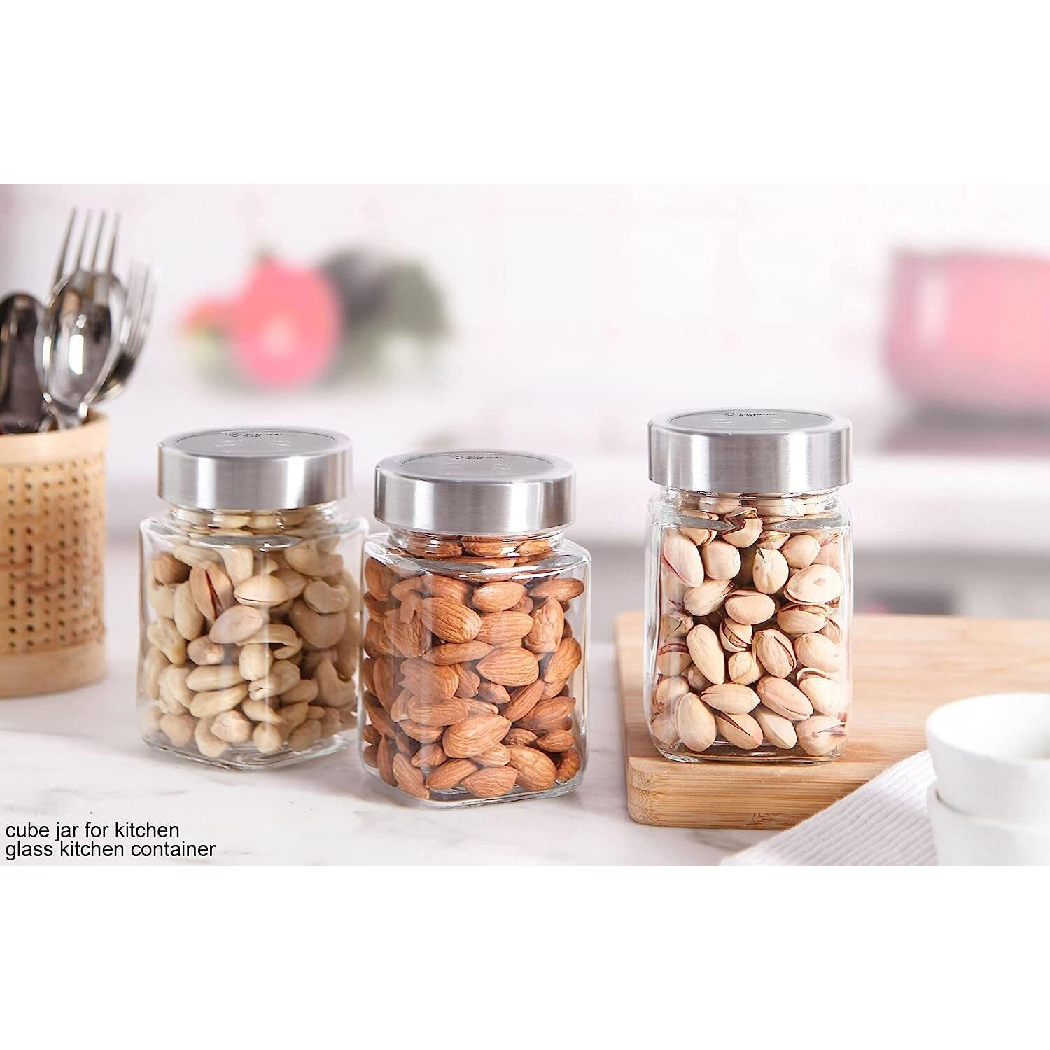 Piramal Glass Square Clear Jars & Containers for Kitchen Pantry, Snacks, Masala, Honey, Pickles, Cookies, Dry Fruits, and Coffee Beans Storage with Stainless Steel Lid (Cube Jar) (300ml, Set Of 4)