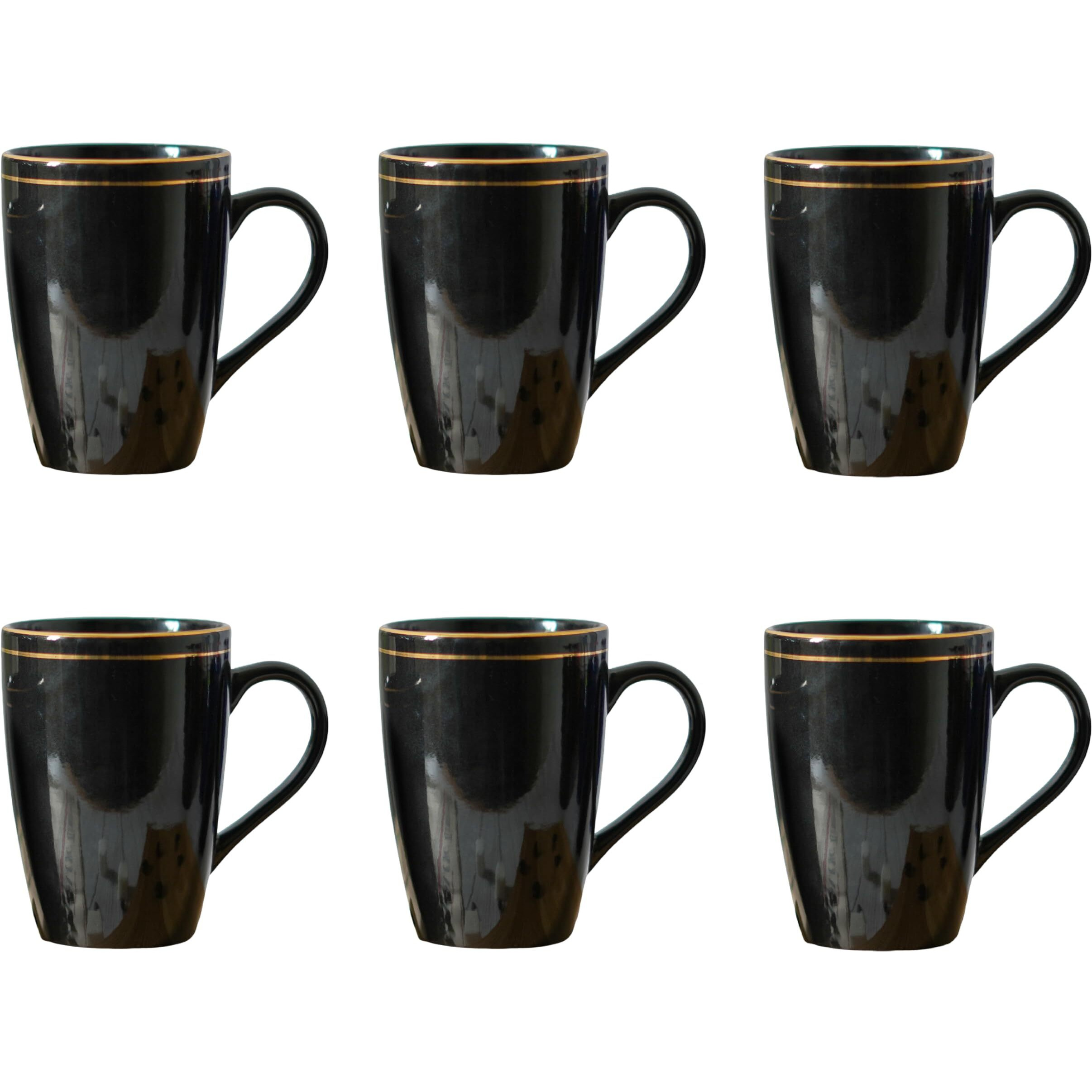 Femora Gold Series Ceramic Coffee Mug - Set of 6 (360ml) Multi - Color Tea cups, Stackable, Chip Resistant, large serving Coffee Cup, Ideal Coffee Mug for Gift - Black
