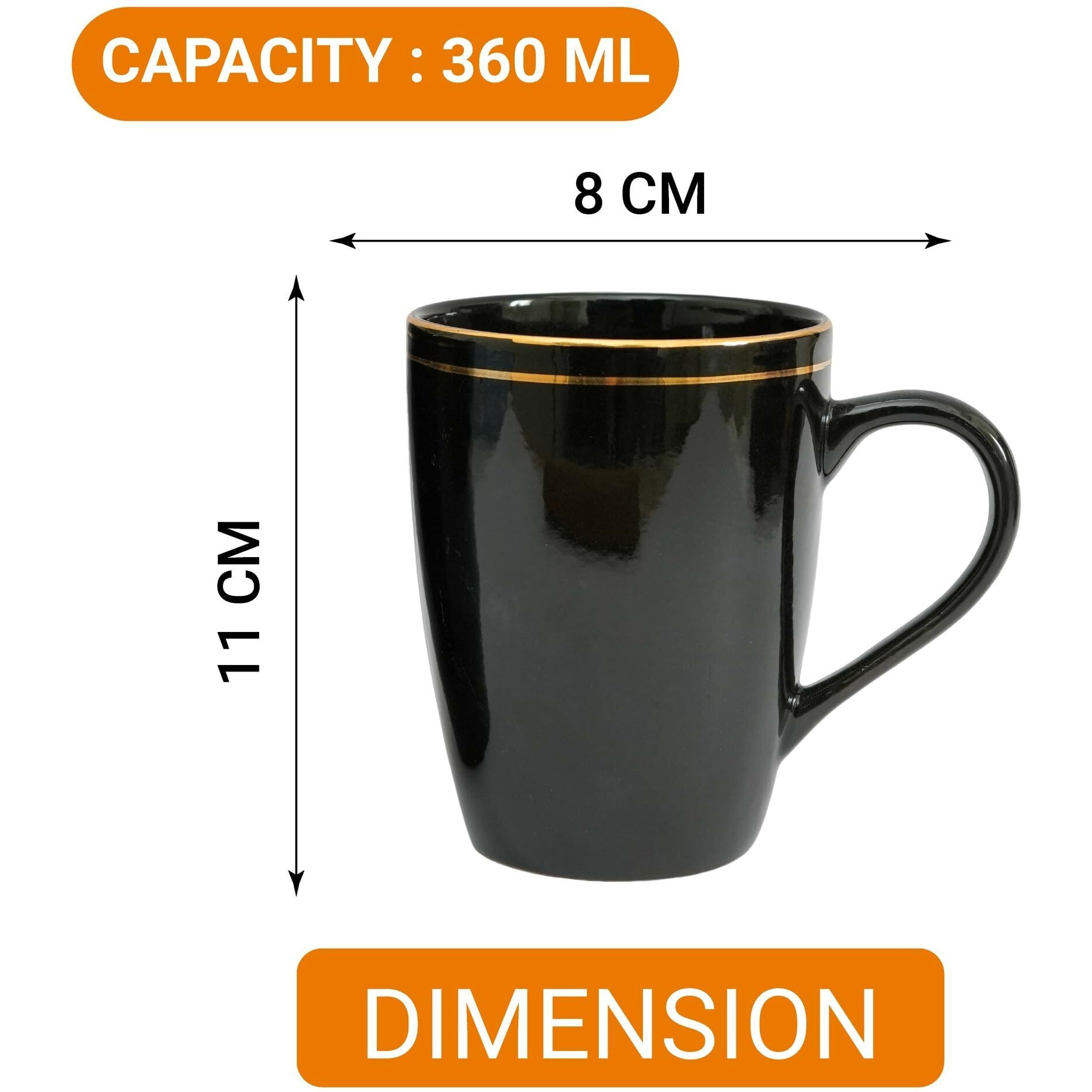 Femora Gold Series Ceramic Coffee Mug - Set of 6 (360ml) Multi - Color Tea cups, Stackable, Chip Resistant, large serving Coffee Cup, Ideal Coffee Mug for Gift - Black