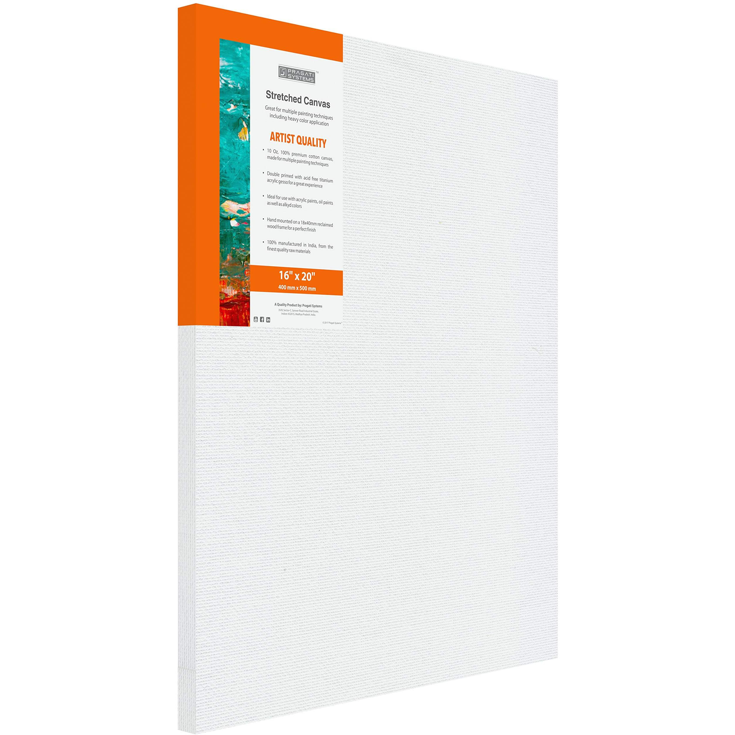 Pragati Systems Medium Grain 16x20 Inch 10 Oz. Primed Cotton Pre Stretched Canvas with Wooden Frame for Painting ACS1620, White (Pack of 2)
