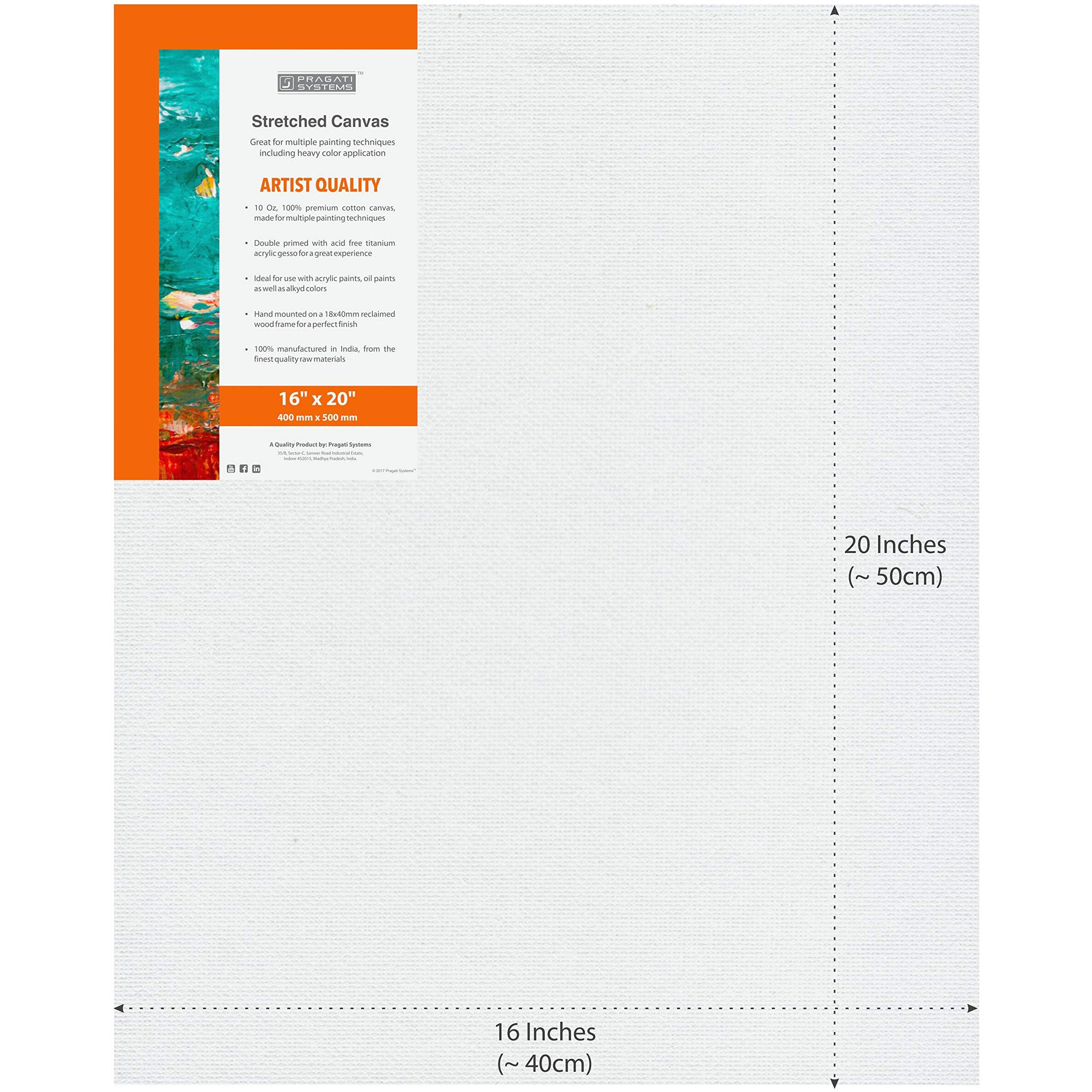 Pragati Systems Medium Grain 16x20 Inch 10 Oz. Primed Cotton Pre Stretched Canvas with Wooden Frame for Painting ACS1620, White (Pack of 2)
