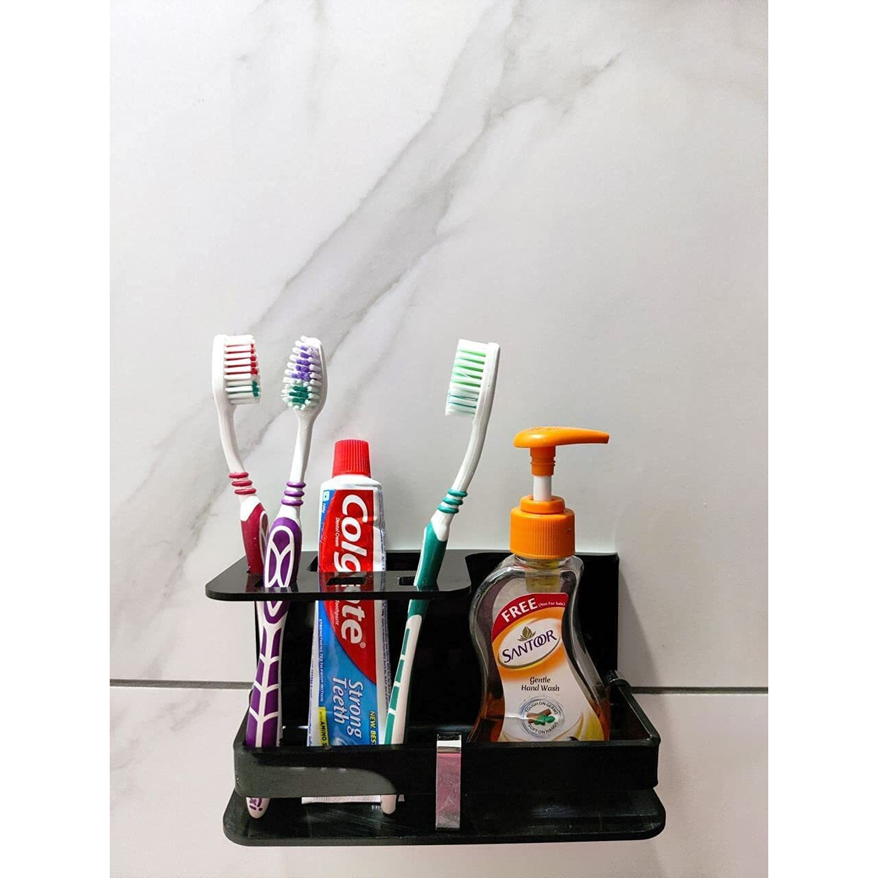 Bonsenkitchen Wall Mounted self Adhesive Acrylic Tooth Brush, Toothpaste Holder Stand, Toothbrush Tumbler, Toothpaste for Bathroom Stand Organizer Rack for Bathroom(Black)
