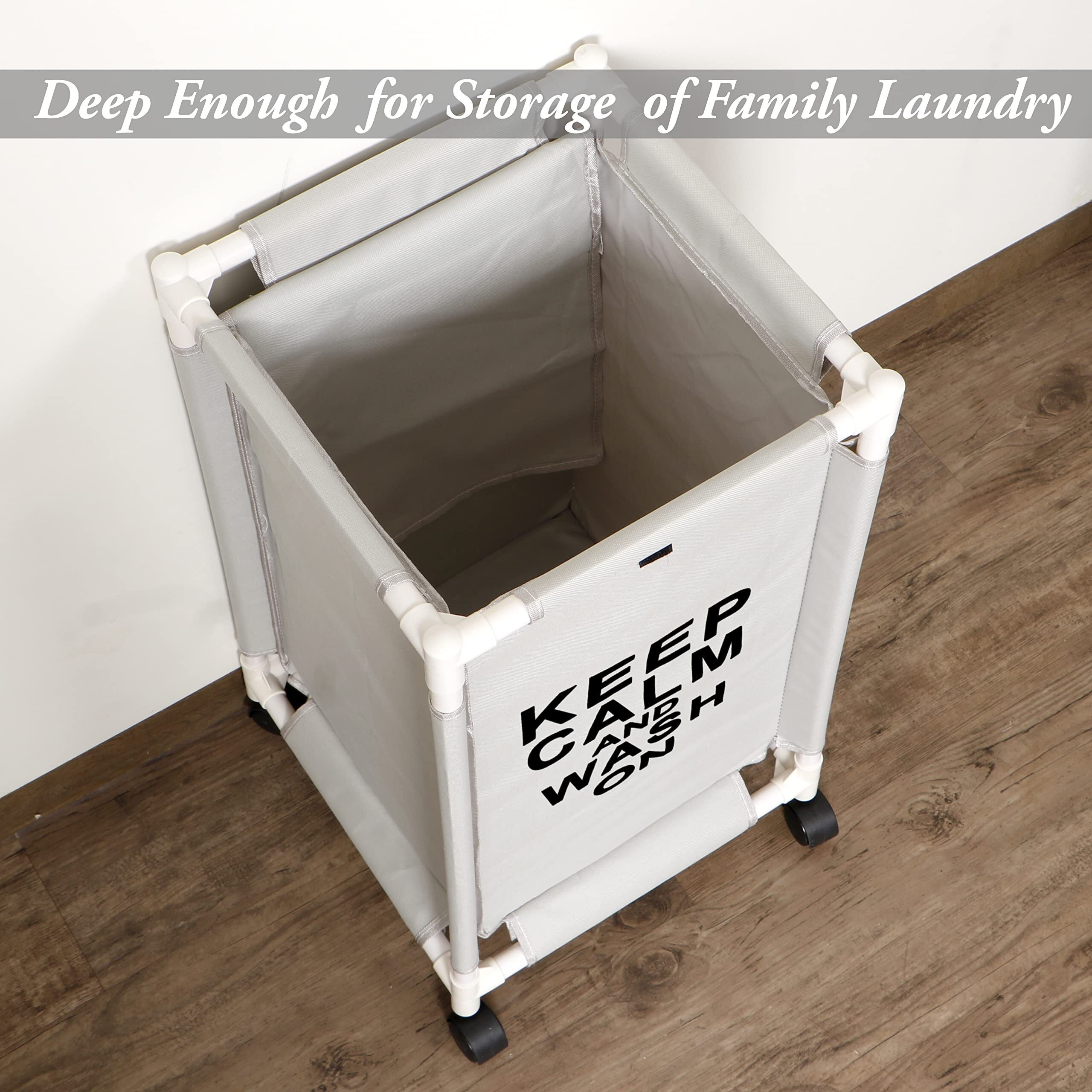 HOKIPO Oxford Fabric Laundry Basket With Wheels | Laundry Hamper with Lid Cover | Rolling Laundry Clothes Basket Trolley, 65x35x35 cm, Grey (AR-4060)