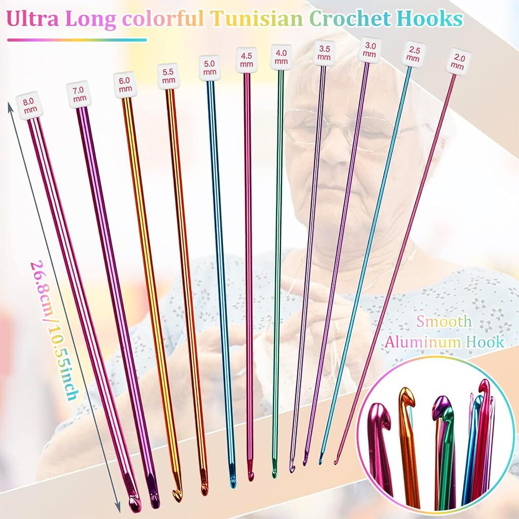 HASTHIP 11PCS Long Crochet Hook Set, 2.0-8mm Aluminum Knitting Needles Set Crochet Hooks, Beginners Metal Multicolour Knitting Tools Set Knitting & Crochet Supplies for Beginners
