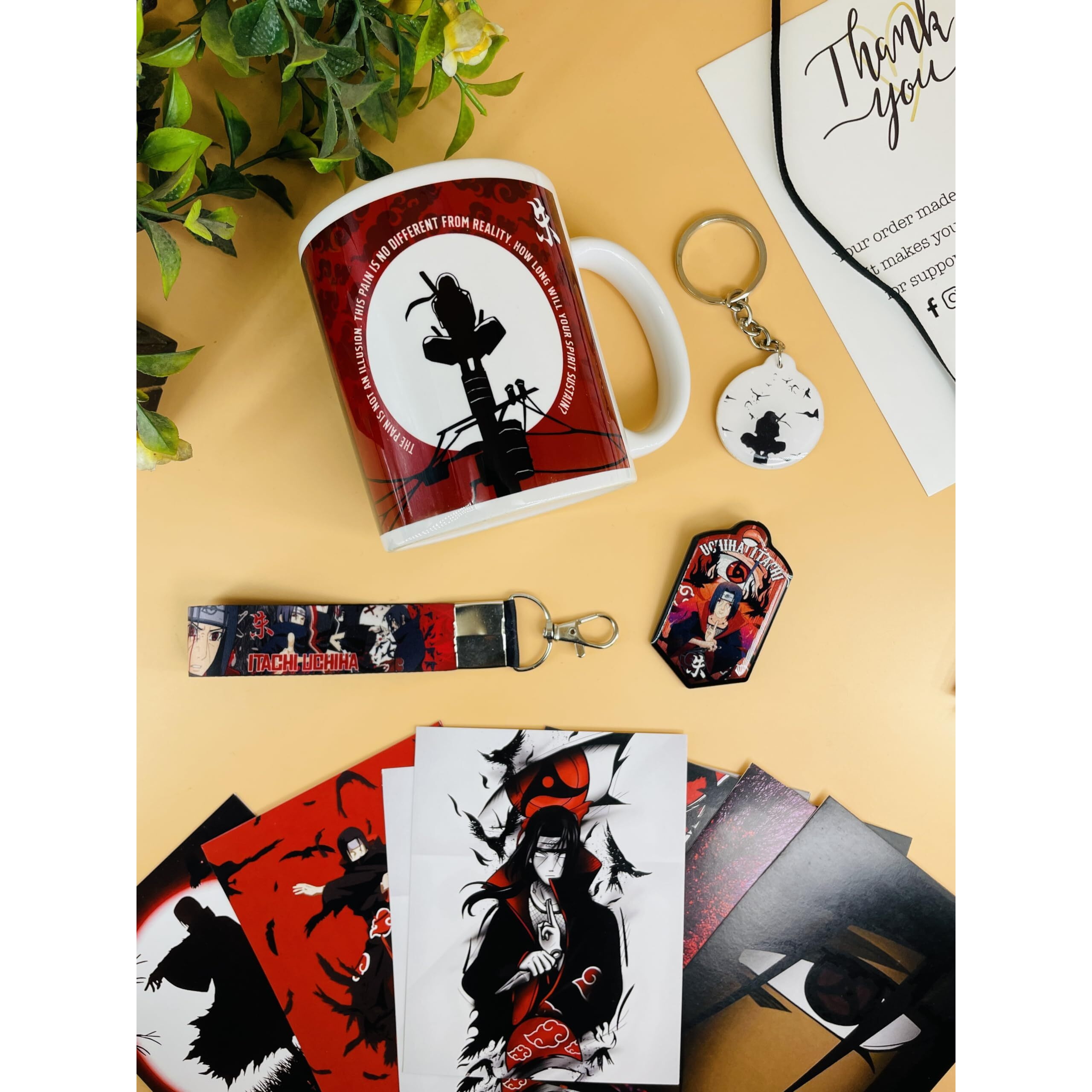 SINCE 7 STORE Itachi Uchiha Gift Box Includes 5 Products Mug, Keychain, Key-tag, 9 Mini Posters, and Shape Cut Badge - The Ultimate Naruto Anime Fan Collection.