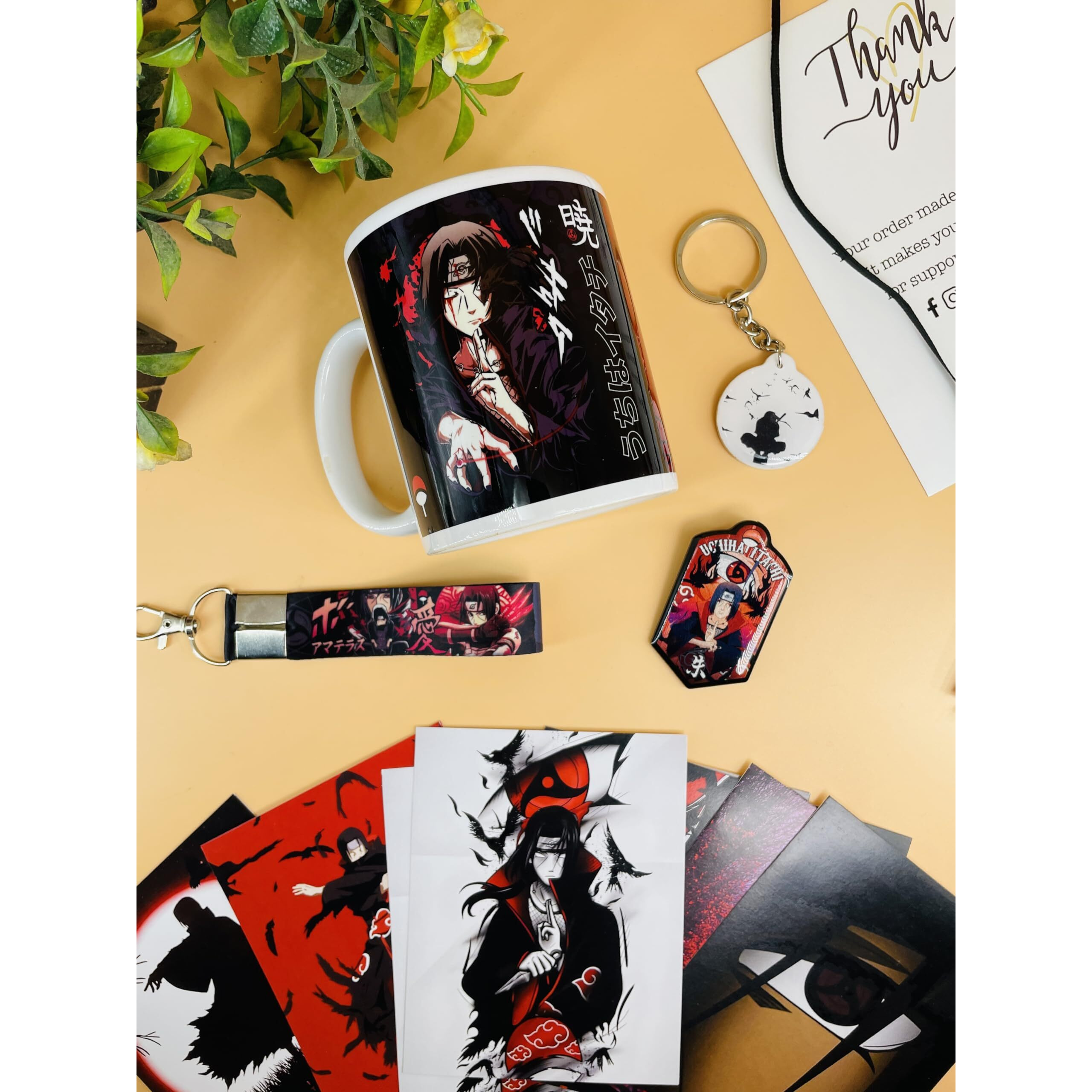 SINCE 7 STORE Itachi Uchiha Gift Box Includes 5 Products Mug, Keychain, Key-tag, 9 Mini Posters, and Shape Cut Badge - The Ultimate Naruto Anime Fan Collection.