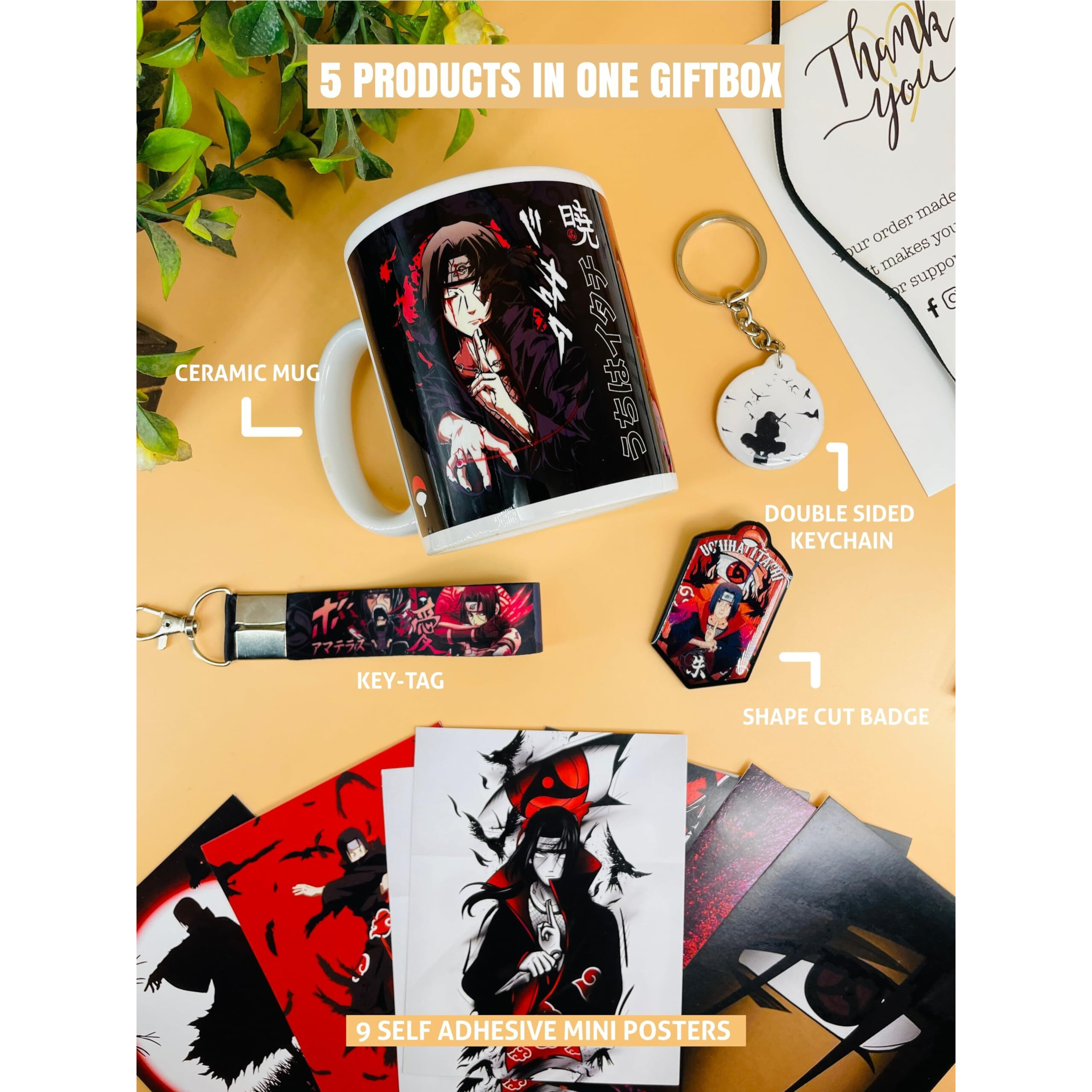 SINCE 7 STORE Itachi Uchiha Gift Box Includes 5 Products Mug, Keychain, Key-tag, 9 Mini Posters, and Shape Cut Badge - The Ultimate Naruto Anime Fan Collection.