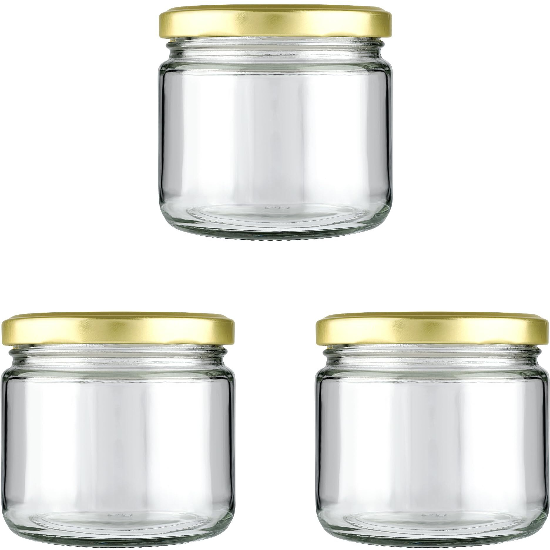 Shiva Organic 350gm Salsa Glass Jar for Kitchen Storage | Food Grade Glass Container | Golden Metal Cap | Air Tight Lid | Clear Transparent Jar (Pack of 3)