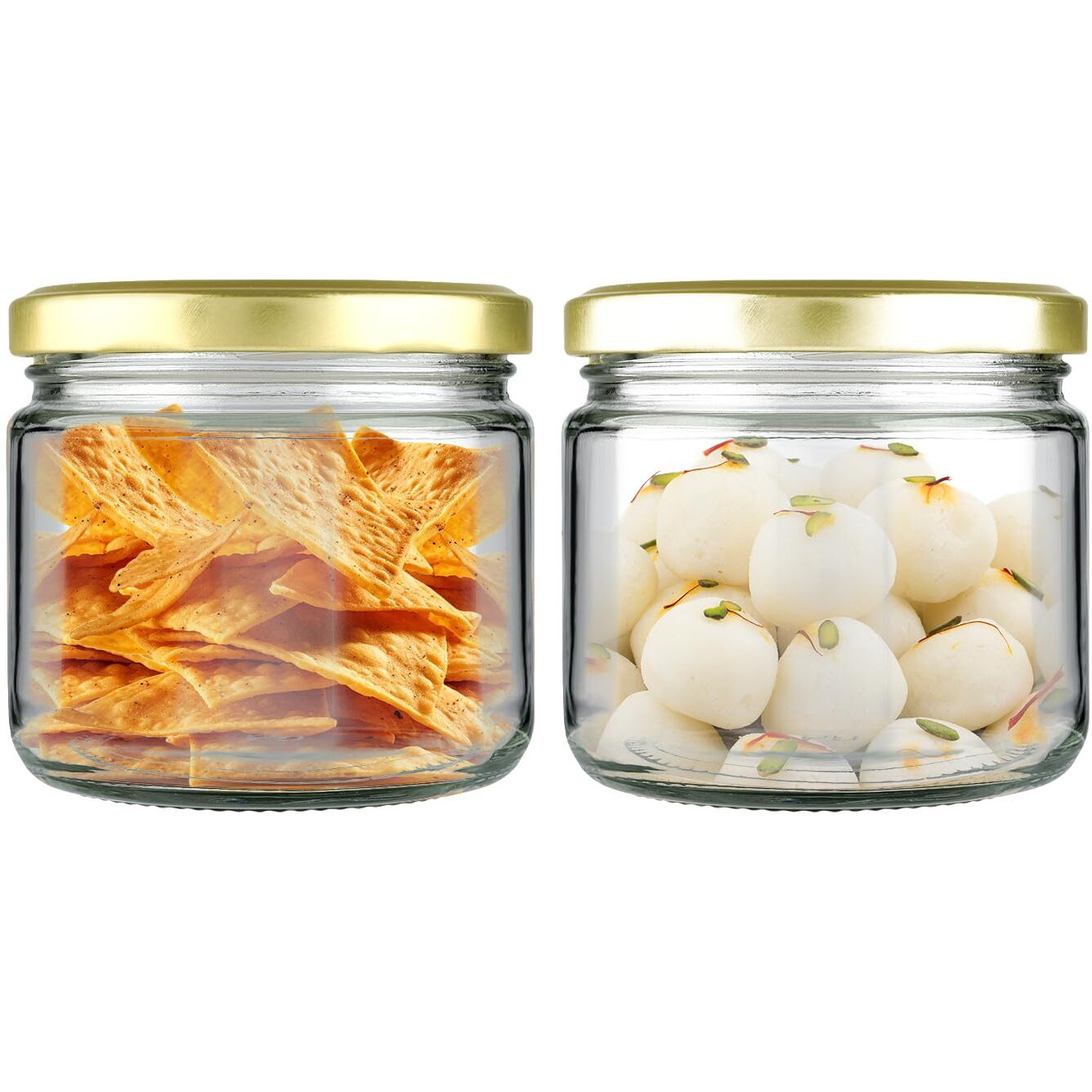 Shiva Organic 350gm Salsa Glass Jar for Kitchen Storage | Food Grade Glass Container | Golden Metal Cap | Air Tight Lid | Clear Transparent Jar (Pack of 3)