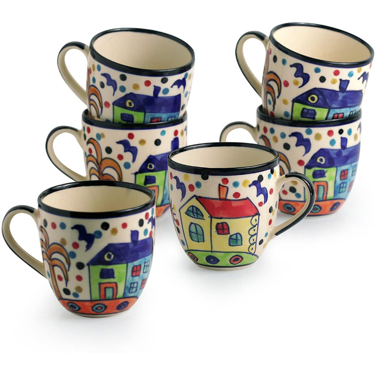 ExclusiveLane The Hut Morning Companions Ceramic Tea Cups Set of 6 (180 ML, Dishwasher & Microwave Safe) |Ceramic Cups Coffee Cup Set of 6 Coffee Mugs Tea Set Tea Mugs Set of 6 Chai Cups Drinkware