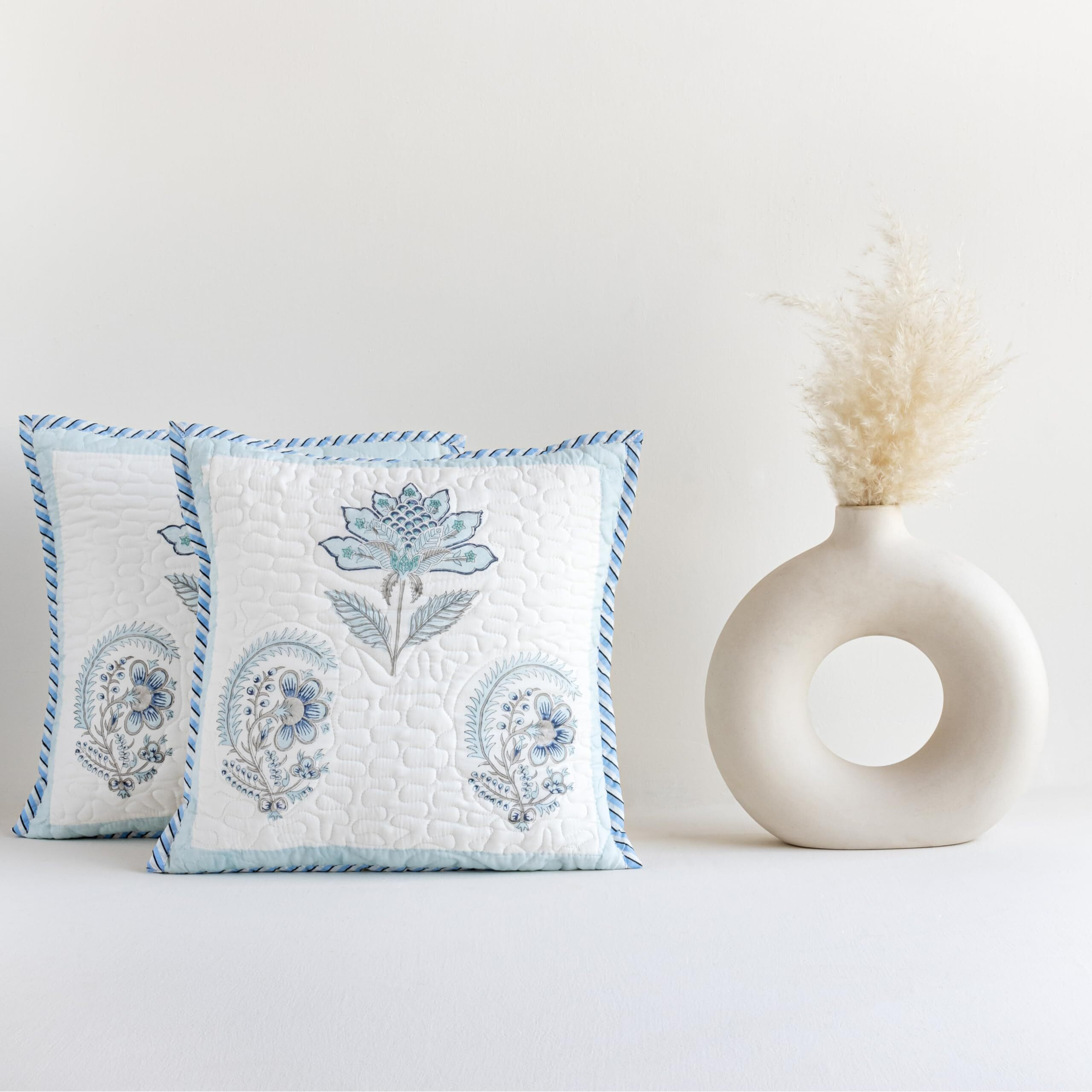 HOMEMONDE Sanganeri Hand Block Printed Soft Cushion Cover Pack of 1 - Square 16 x 16 Inches Cotton Throw Pillow Cover, Baby Blue