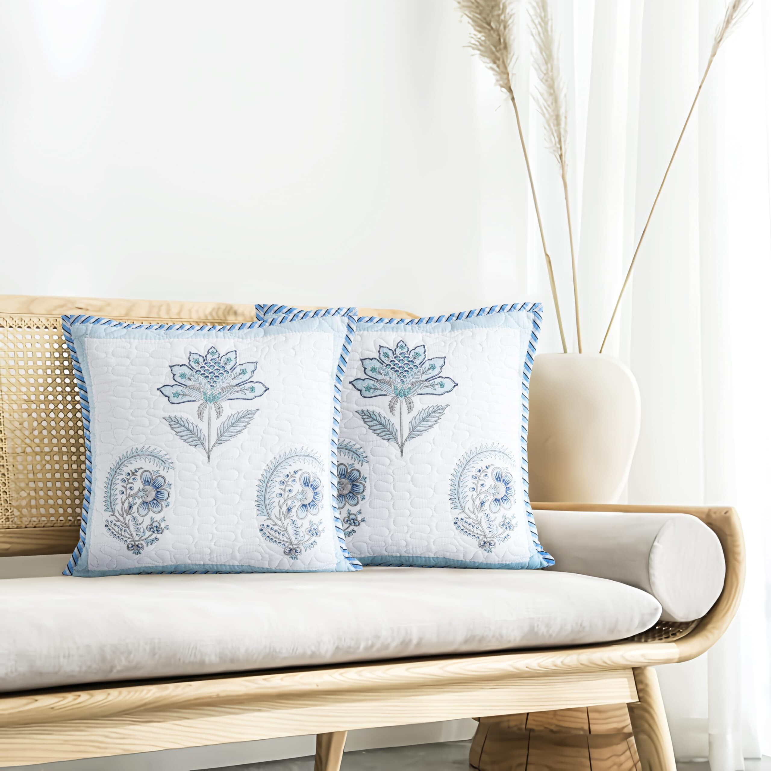 HOMEMONDE Sanganeri Hand Block Printed Soft Cushion Cover Pack of 1 - Square 16 x 16 Inches Cotton Throw Pillow Cover, Baby Blue