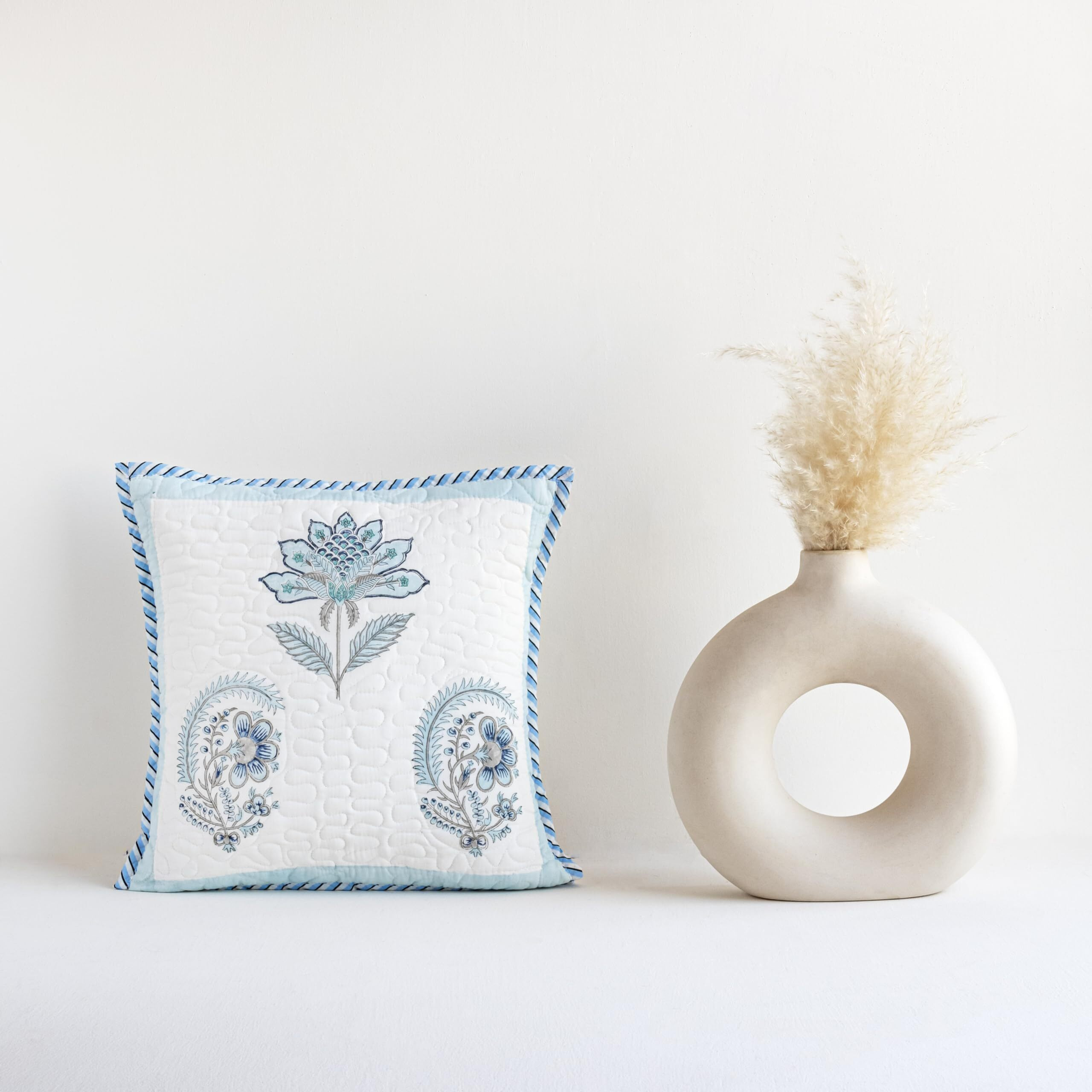 HOMEMONDE Sanganeri Hand Block Printed Soft Cushion Cover Pack of 1 - Square 16 x 16 Inches Cotton Throw Pillow Cover, Baby Blue