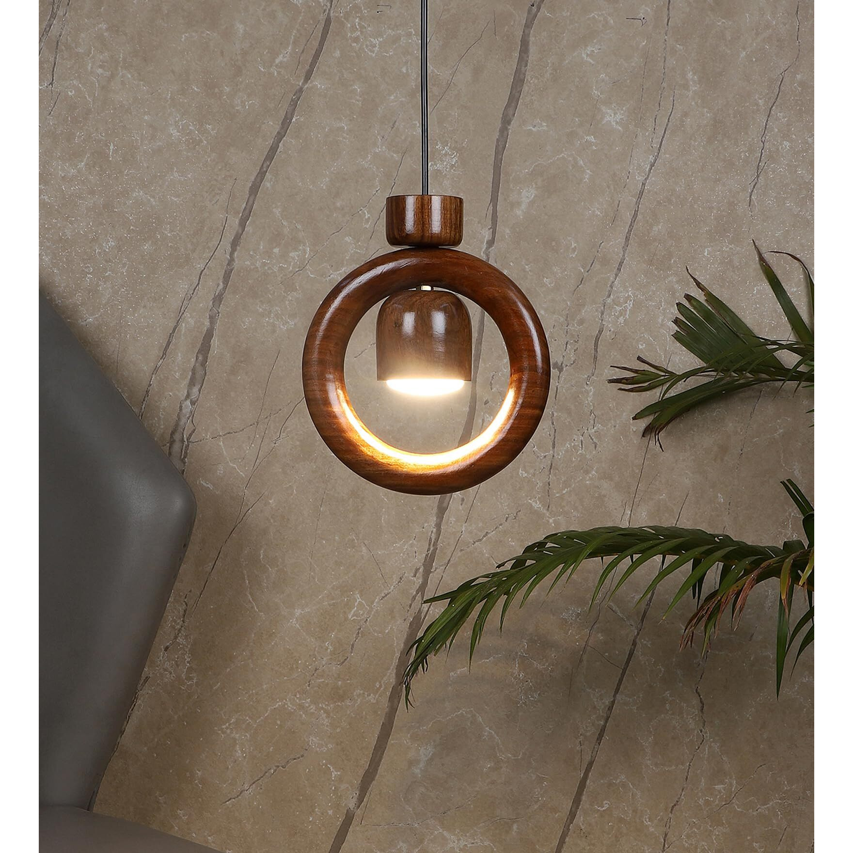 Green House Handmde Sheesham Wood Hanging/Pendant/Ceiling Light Lamp | 9W In-Built Warm White LED | Fancy Light for Hom/Bedroom/Living Room/Kitchen/Dining Area | Unique Modern Ring Design | Decorative