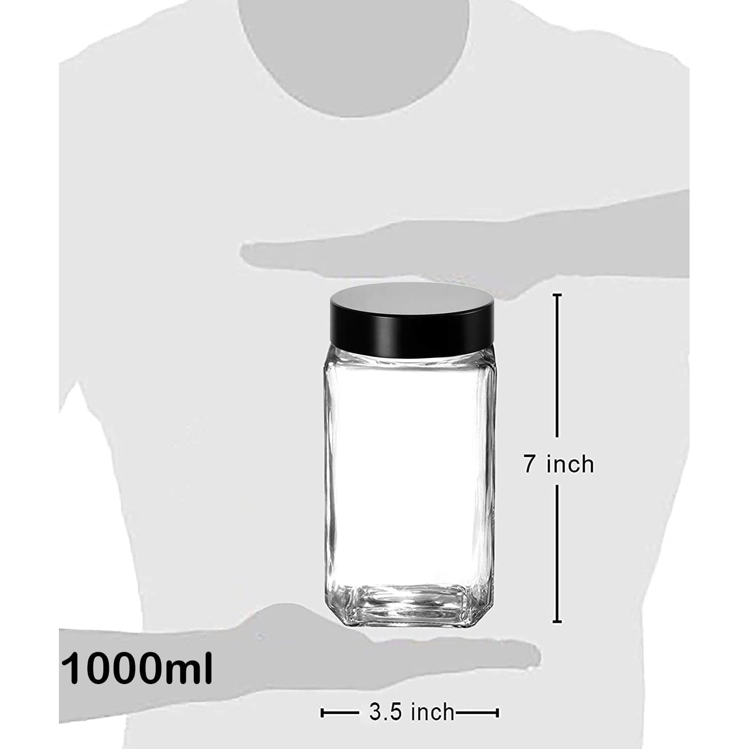 Piramal Glass Square Clear Jars & Containers for Kitchen Pantry, Snacks, Masala, Honey, Pickles, Cookies, Dry Fruits, Coffee Beans Storage with Black Color Plastic Lid (Cube Jar) (1000ml, Set Of 2)