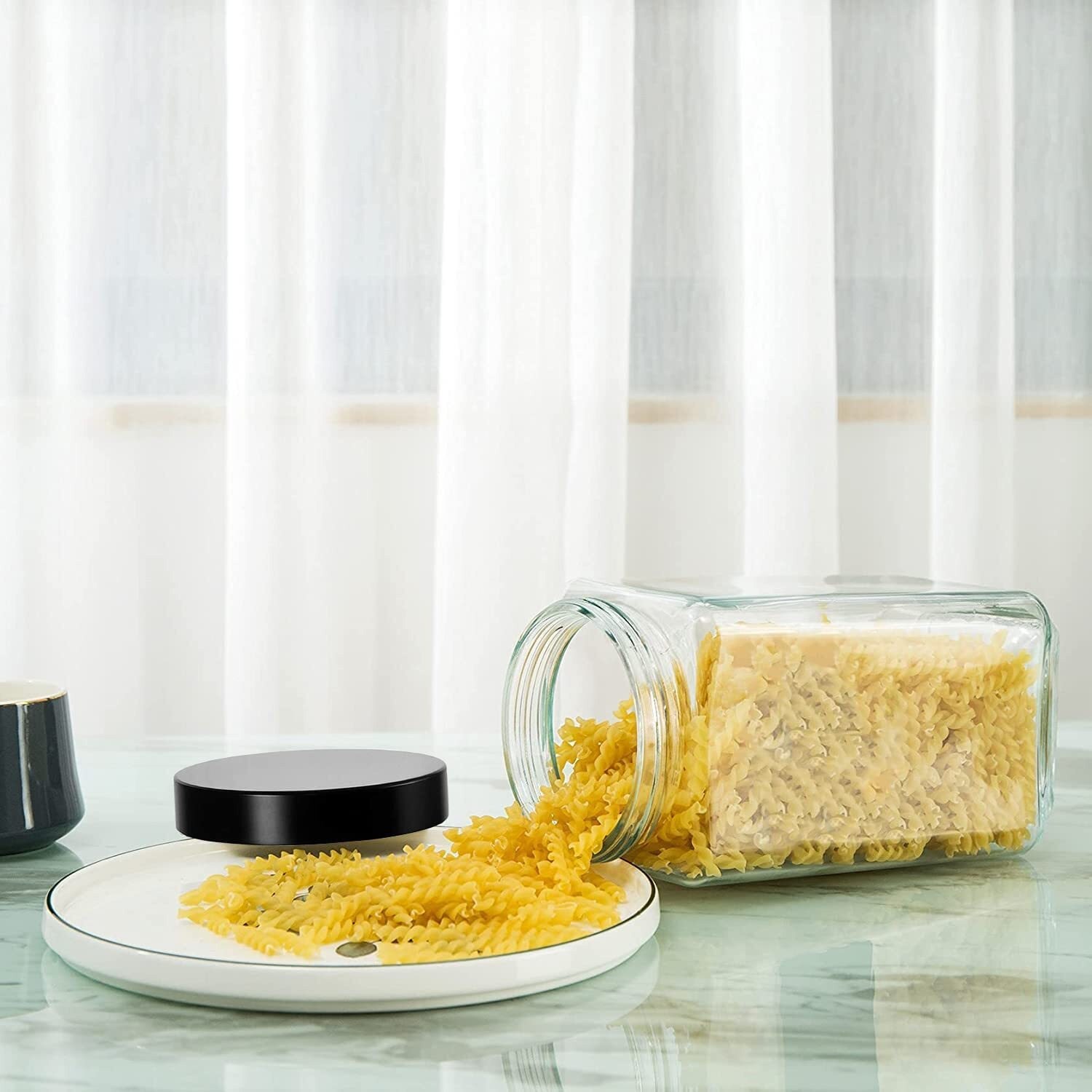 Piramal Glass Square Clear Jars & Containers for Kitchen Pantry, Snacks, Masala, Honey, Pickles, Cookies, Dry Fruits, Coffee Beans Storage with Black Color Plastic Lid (Cube Jar) (1000ml, Set Of 2)