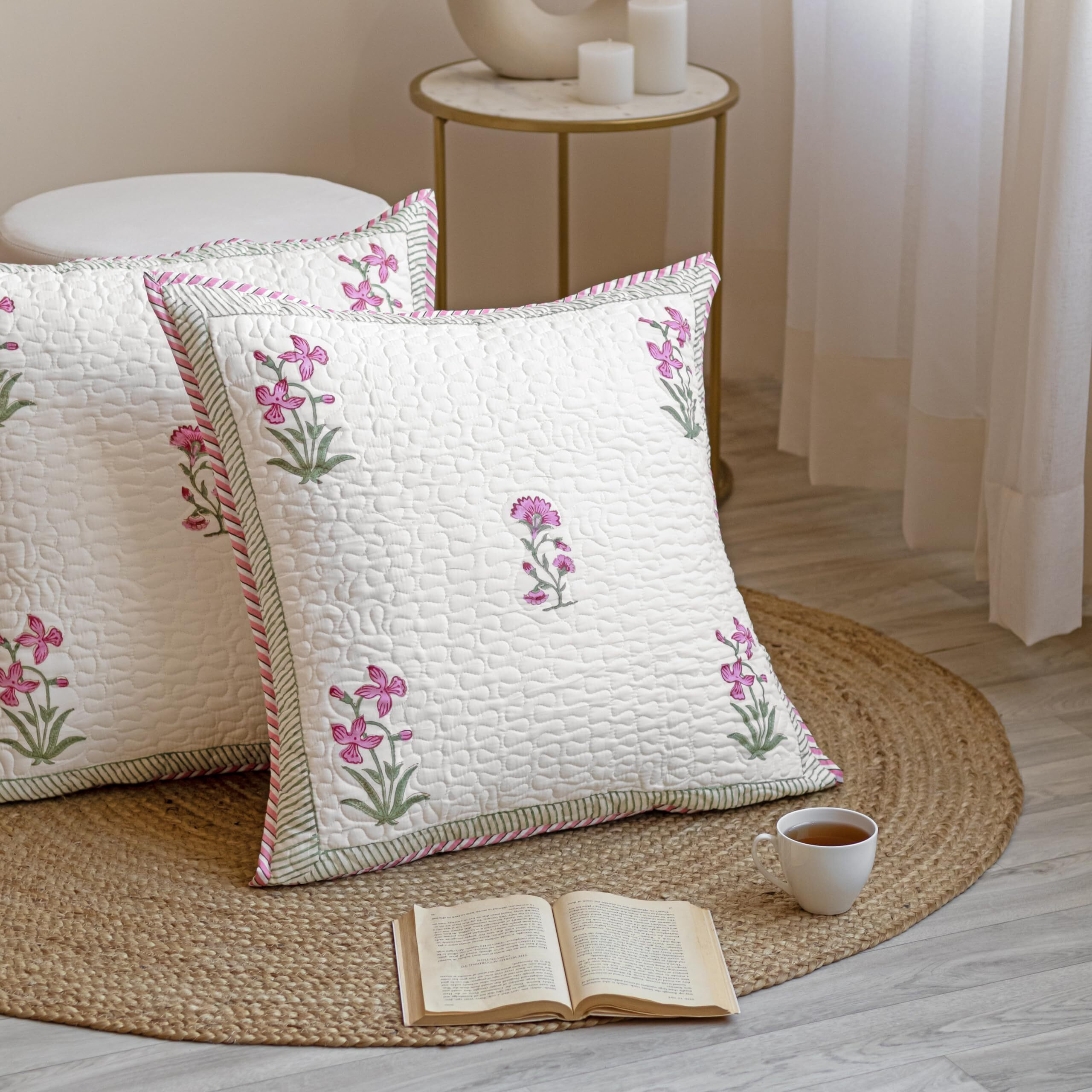 HOMEMONDE Pack of 1 Floral Hand Block Print Soft Throw Cushion Cover - Pink 24 x 24 Inches Quilted Cotton Sofa Pillow Case for Home Decor
