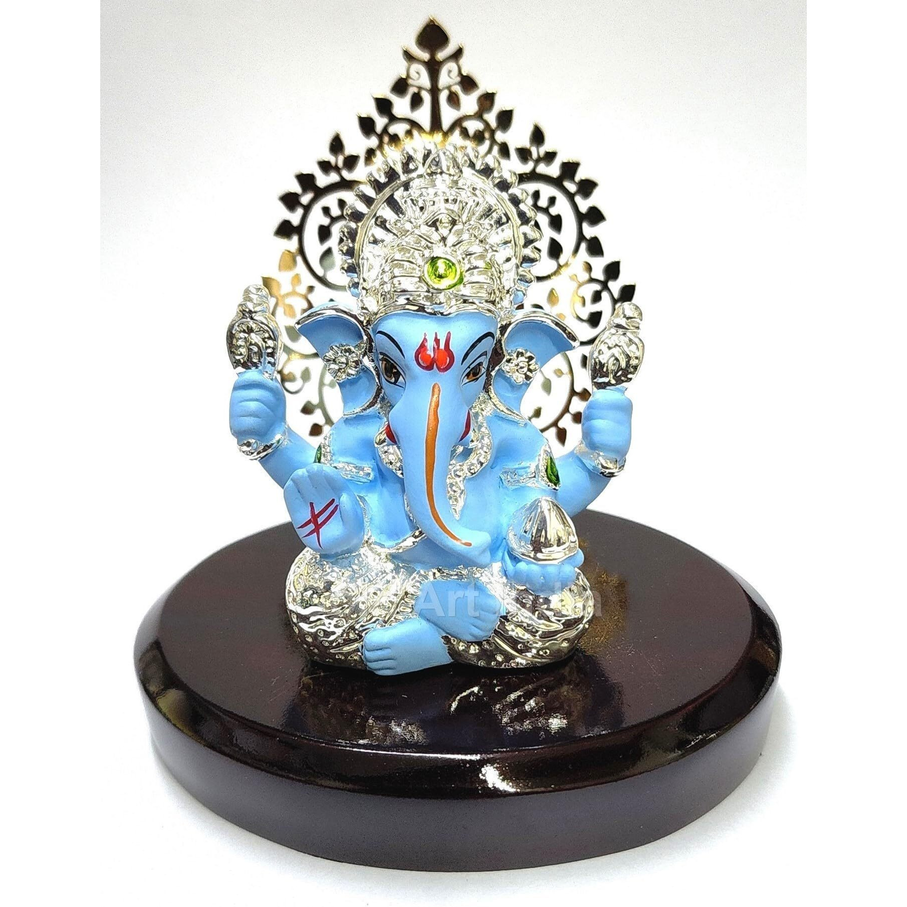 Gold Art India Lord Ganesha Idol Kalpavruksh Tree Ganesh Idol for Home Entrance Ganesh Ji for Car Dashboard | Ganesh Murti for Home Decor, Gifting & Pooja Room Oval MDF Base (Blue)