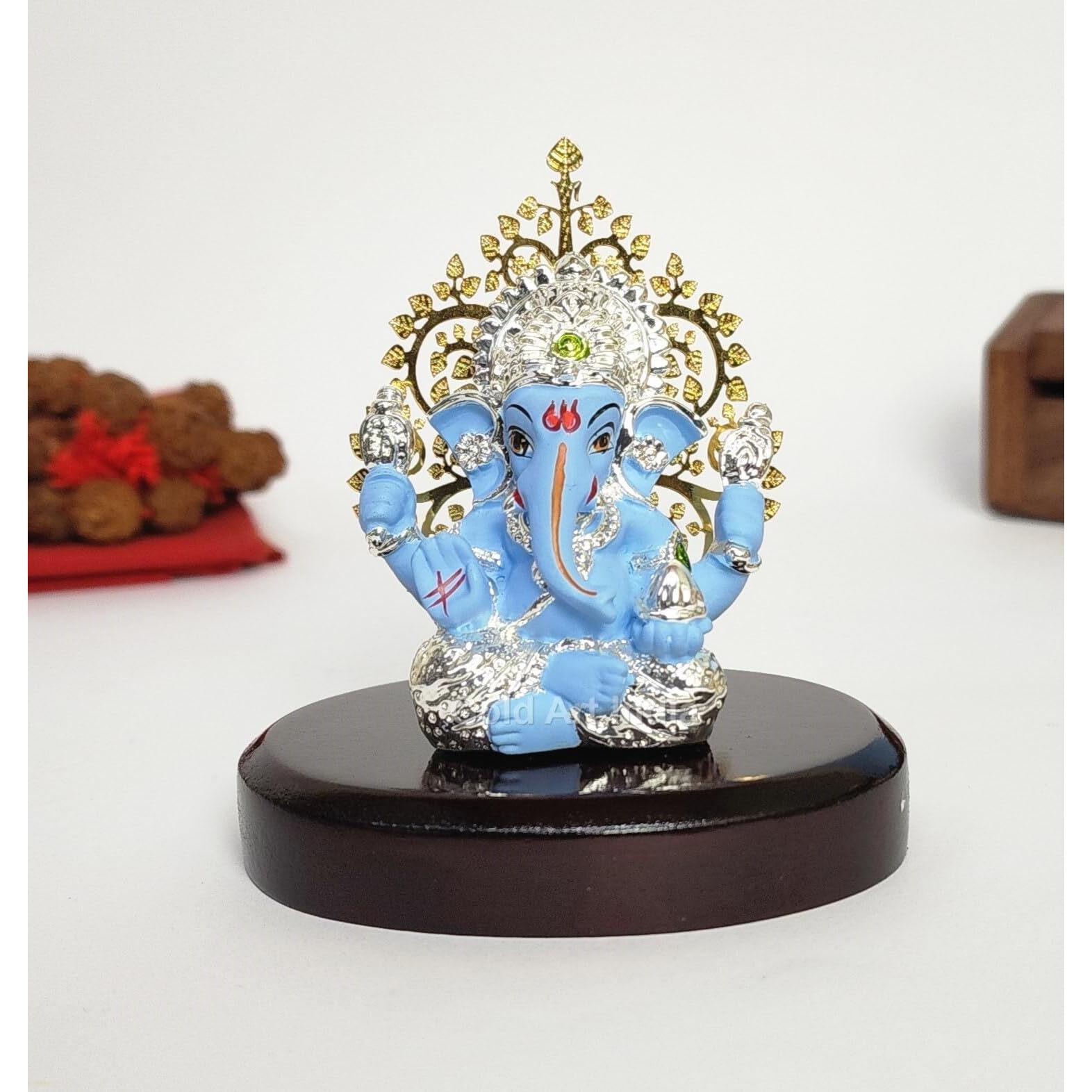 Gold Art India Lord Ganesha Idol Kalpavruksh Tree Ganesh Idol for Home Entrance Ganesh Ji for Car Dashboard | Ganesh Murti for Home Decor, Gifting & Pooja Room Oval MDF Base (Blue)