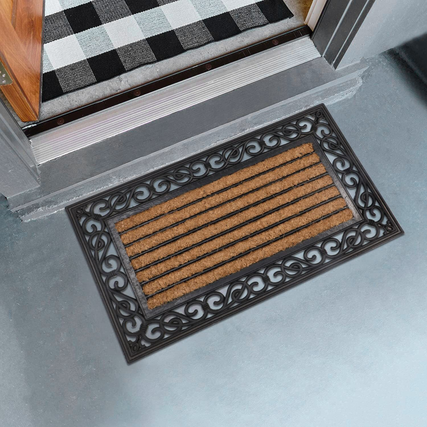 HOKIPO Natural Rubber Coir Rectangular Doormat with Designer Border, Anti-Slip Rubber Backing, 45x75 cm (IN-497)