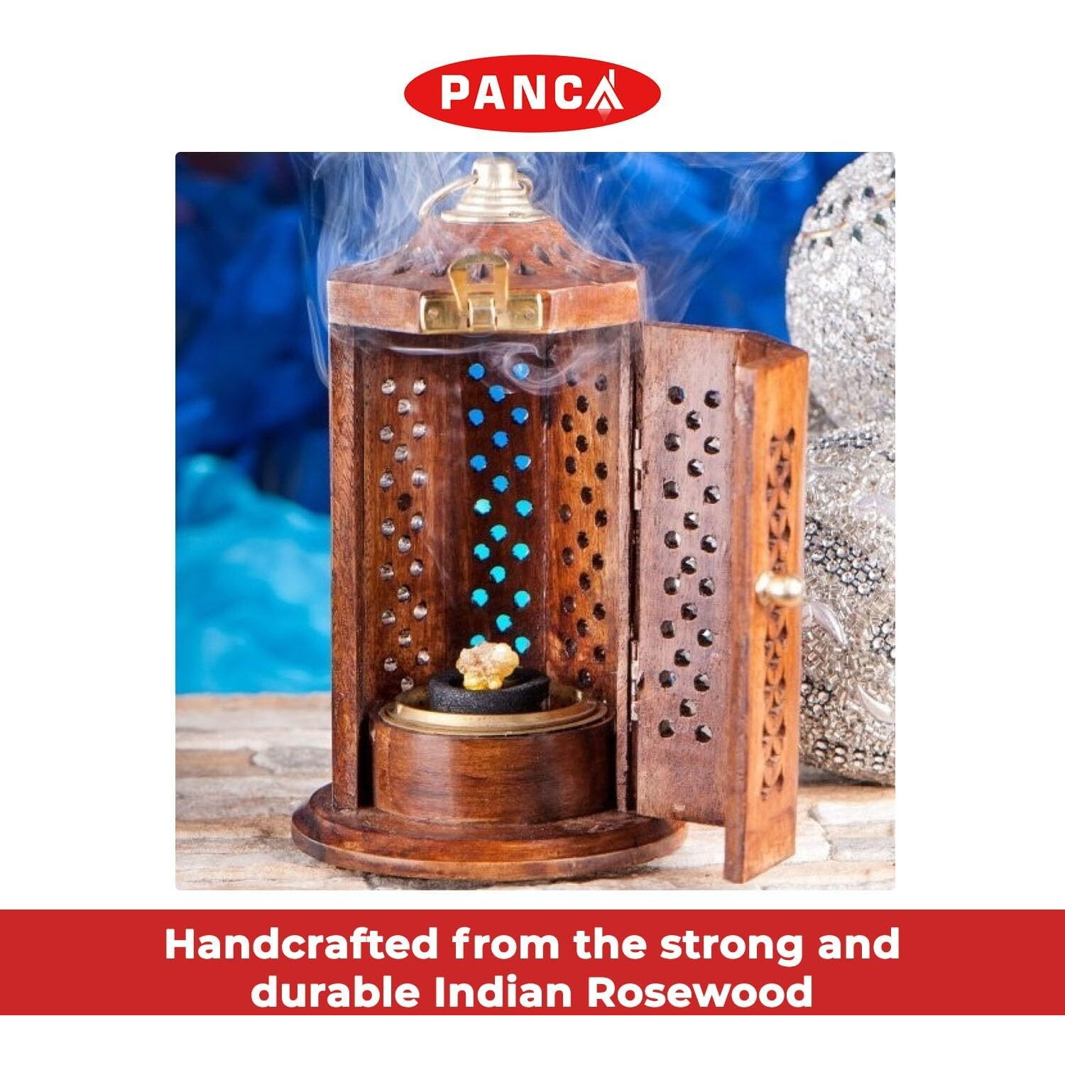 PANCA Dhoop Burner Sheesham Wood Hanging Stand, Dhup Cup, Cone, Batti Stand Incense Holder for Pooja Puja Item Stand Ash Catcher Handcrafted Traditional Design for Aromatic Rituals - Pack of 1