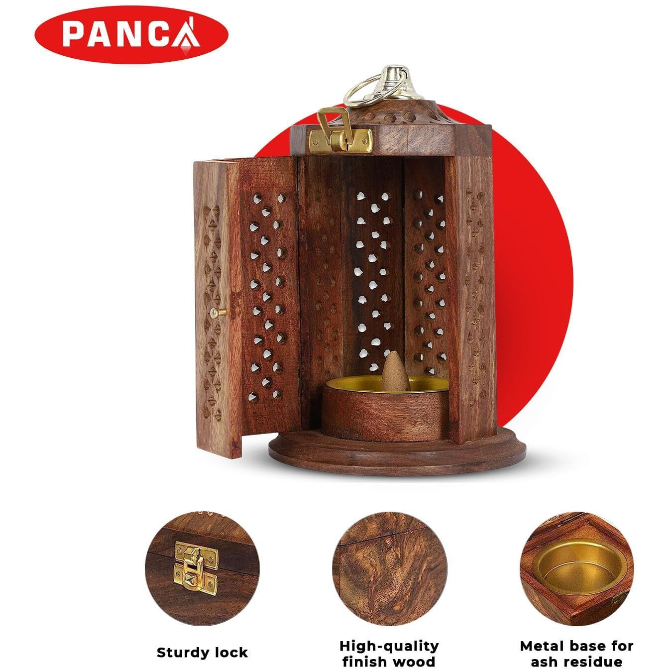 PANCA Dhoop Burner Sheesham Wood Hanging Stand, Dhup Cup, Cone, Batti Stand Incense Holder for Pooja Puja Item Stand Ash Catcher Handcrafted Traditional Design for Aromatic Rituals - Pack of 1