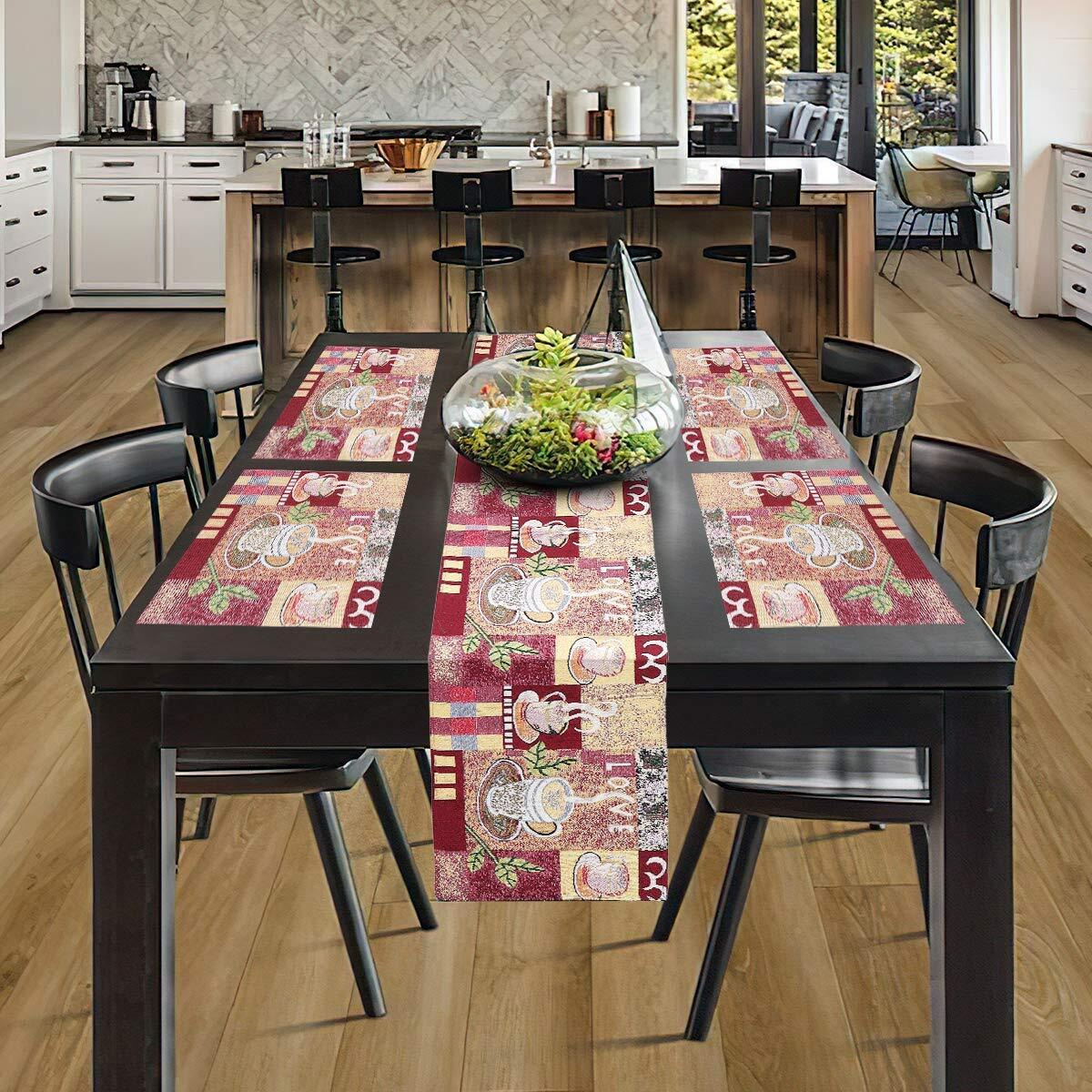 PRAKARTIK BY INDUARTS 100% Cotton Cup Plate Rectangular Dining Table mat with Runner. Brown (Set of 4 + 180 cm Runner)