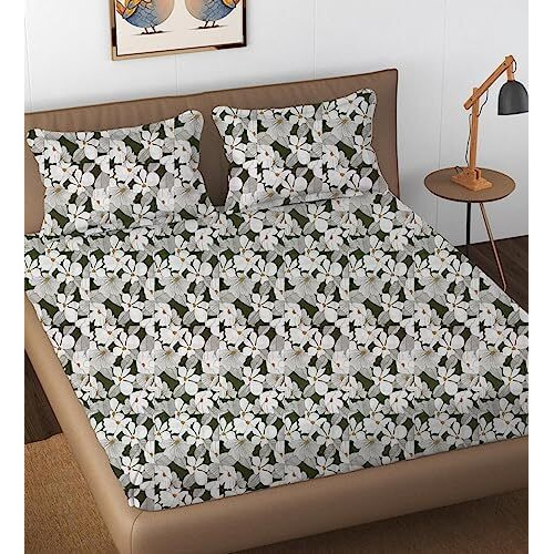 linenaffairs 100% Cotton 144 TC Bedsheet for King Size Bed with 2 Pillow Covers Cotton Bed Sheet | chadar - Flat Sheet with 2 Pillow Covers Black and White Flower Print