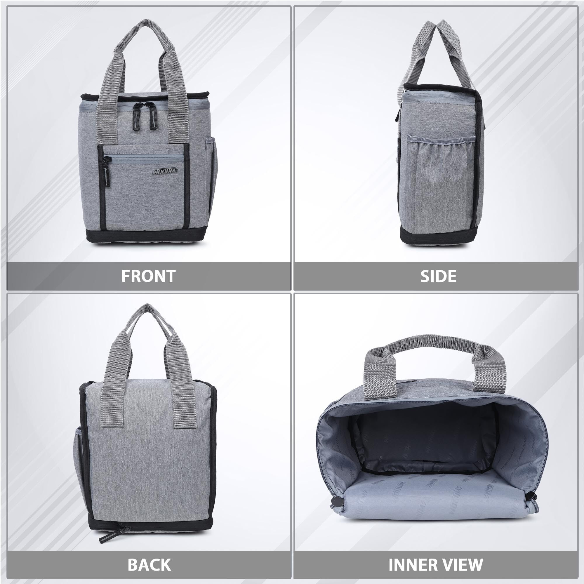 Wooum Expandable Lunch Bag with Front & Side Pocket,Water Resistance Tiffin Bag with Durable PVC Material & Strong Handles for School, Office, Lunch Bag for Kids, Mens & Womens  Light Grey