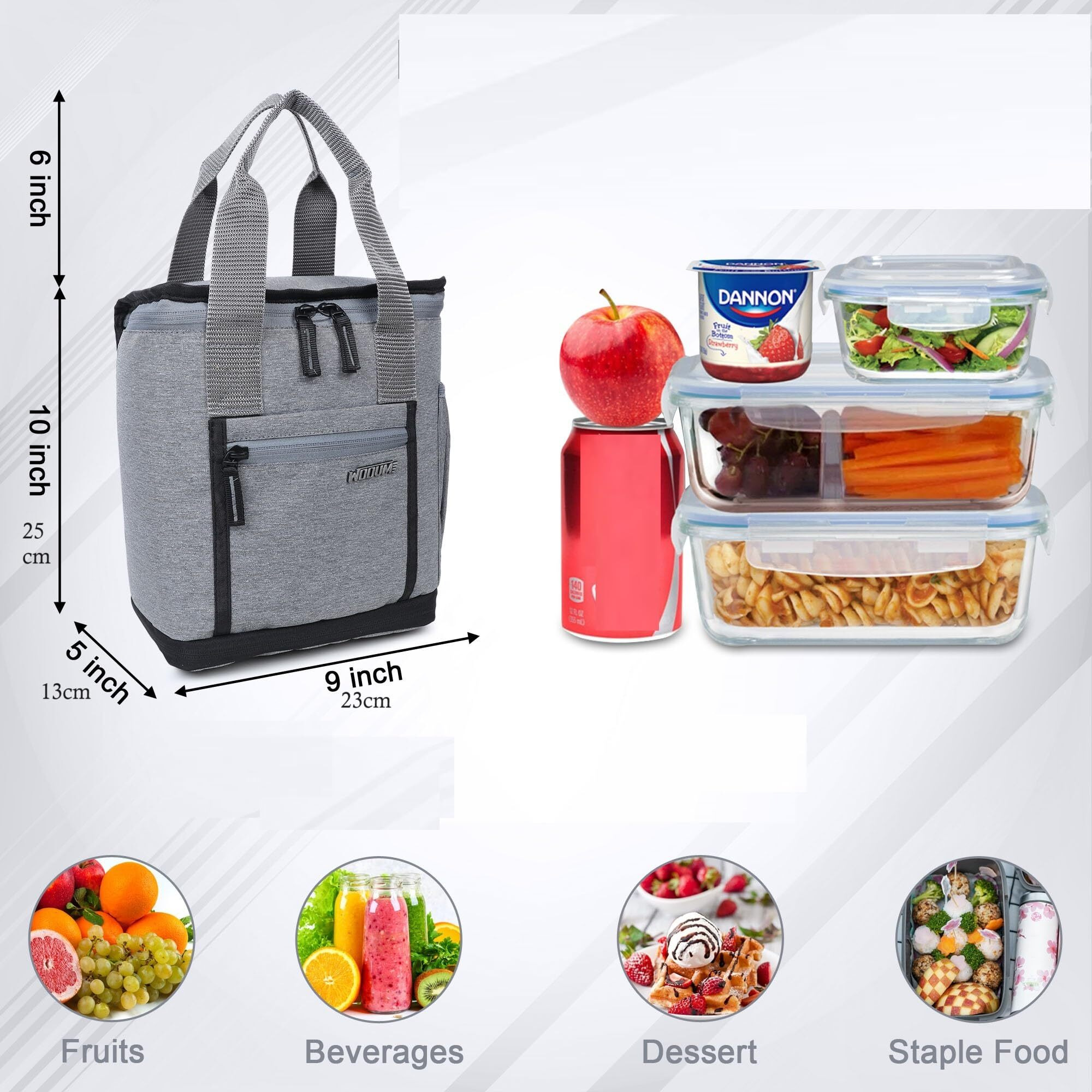 Wooum Expandable Lunch Bag with Front & Side Pocket,Water Resistance Tiffin Bag with Durable PVC Material & Strong Handles for School, Office, Lunch Bag for Kids, Mens & Womens  Light Grey