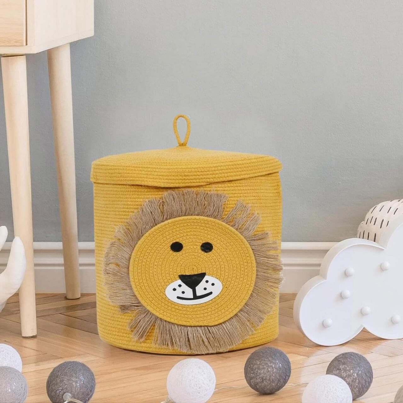 DOLCE CASA Kids Lid Basket With Beautiful Characters - Rope Storage Basket For Baby Diaper, Stuffed Animal Storage Bin Rope Basket For Kids Toy, Baby Laundry Baskets with Lid. (Lion)