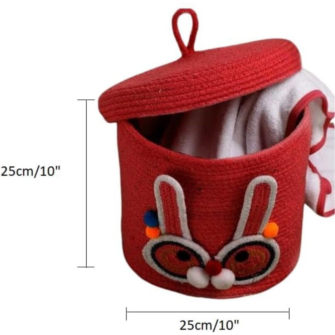 DOLCE CASA Kids Lid Basket With Beautiful Characters - Rope Storage Basket For Baby Diaper, Stuffed Animal Storage Bin Rope Basket For Kids Toy, Baby Laundry Baskets with Lid. (Red Rabbit)