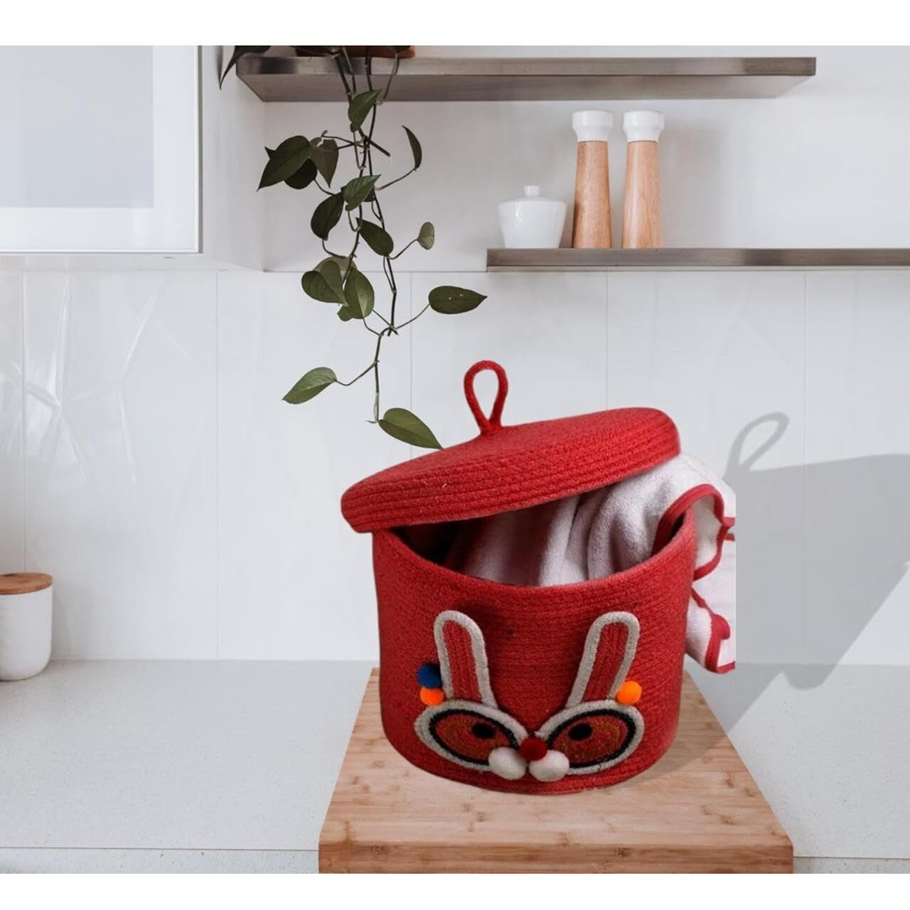 DOLCE CASA Kids Lid Basket With Beautiful Characters - Rope Storage Basket For Baby Diaper, Stuffed Animal Storage Bin Rope Basket For Kids Toy, Baby Laundry Baskets with Lid. (Red Rabbit)