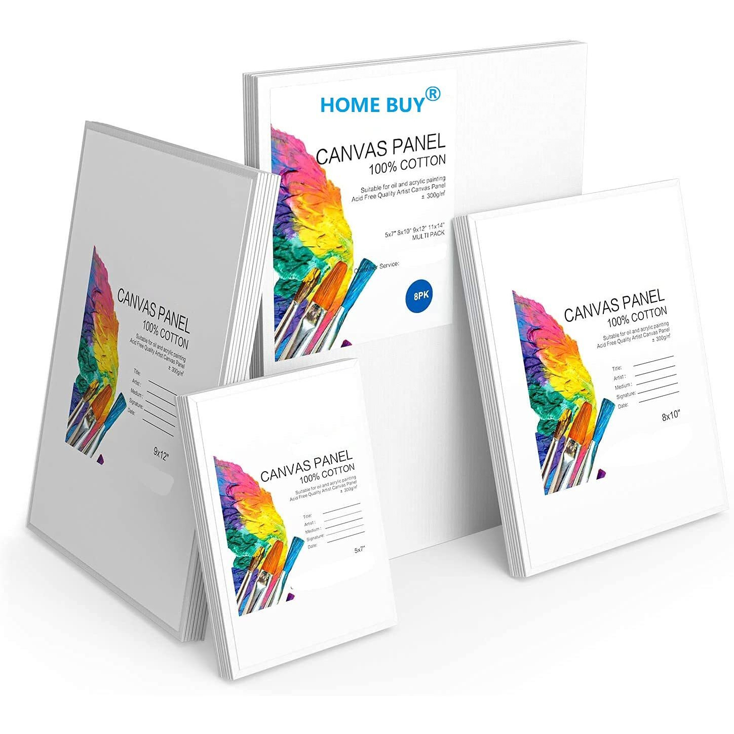 HOME BUY Cotton Canvas Board Multi Pack, Professional Primed White Blank- Artist Canvas Boards for Painting, Acrylic Paint, Oil Paint Dry & Wet Art Media (TOTAL 4 PC () 1X(5X7,8X10,9X12,10X14))