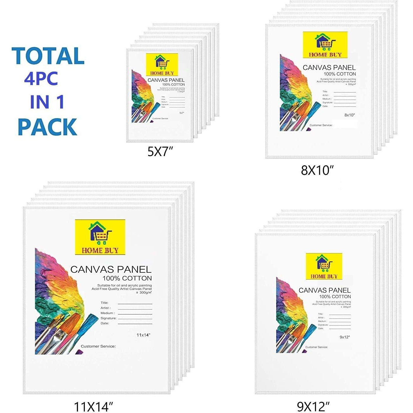 HOME BUY Cotton Canvas Board Multi Pack, Professional Primed White Blank- Artist Canvas Boards for Painting, Acrylic Paint, Oil Paint Dry & Wet Art Media (TOTAL 4 PC () 1X(5X7,8X10,9X12,10X14))